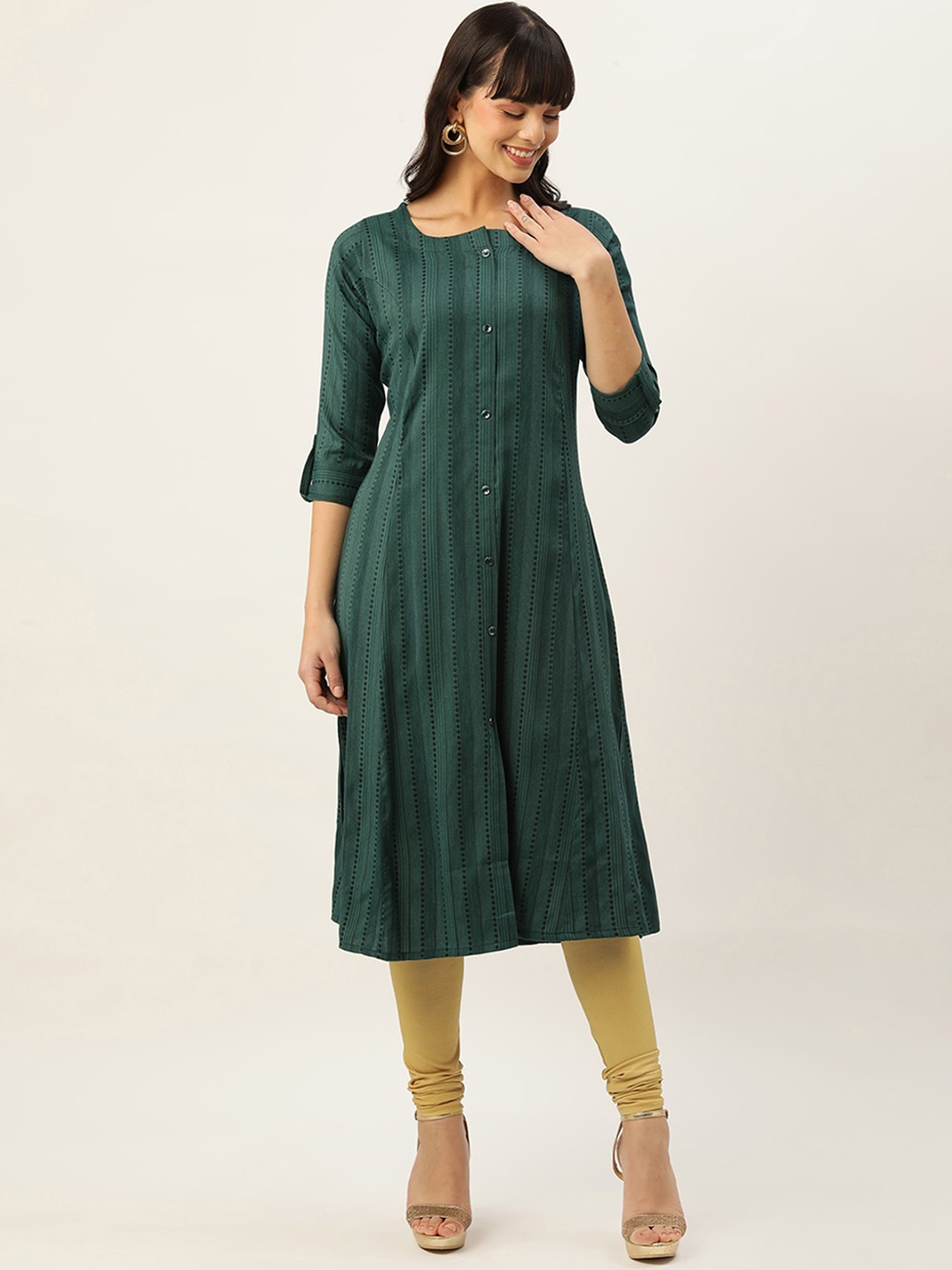 

ODETTE Striped Embroidered Kurta, Green