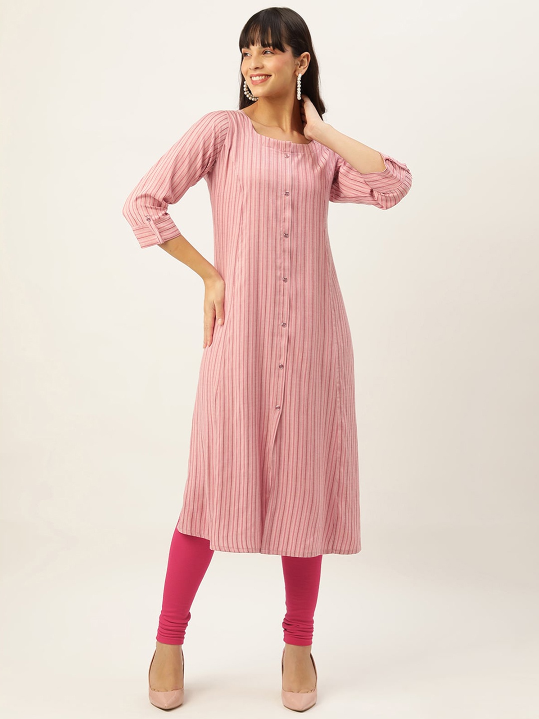 

ODETTE Striped A-Line Kurta, Pink
