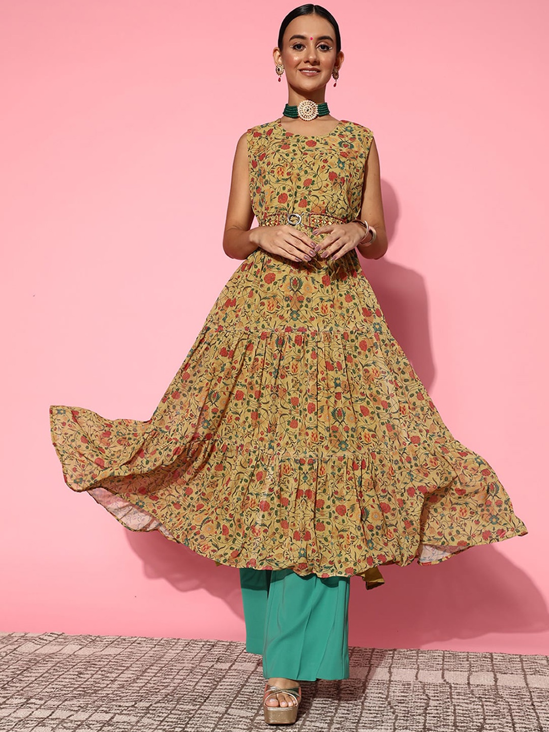 

ODETTE Floral Printed Georgette Anarkali Kurta, Brown