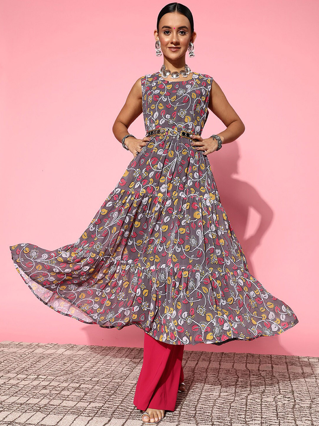 

ODETTE Ethnic Motifs Printed Sleeveless Kurta, Grey
