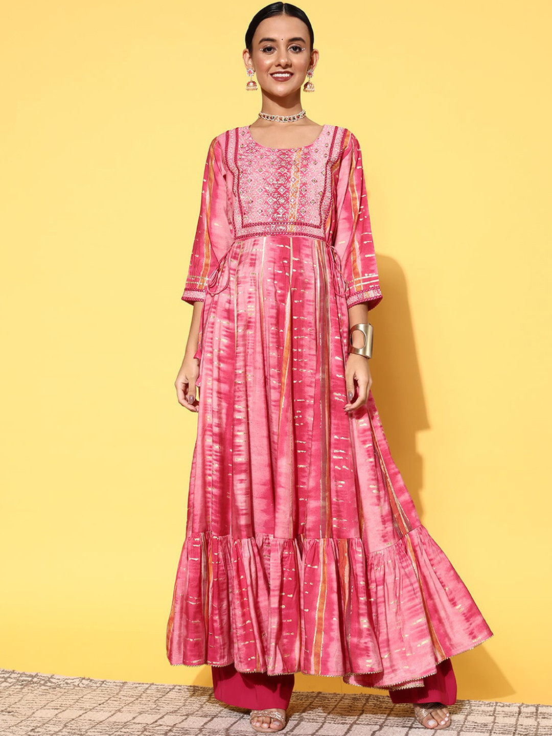 

ODETTE Abstract Dyed Yoke Design Thread Work Anarkali Kurta, Pink