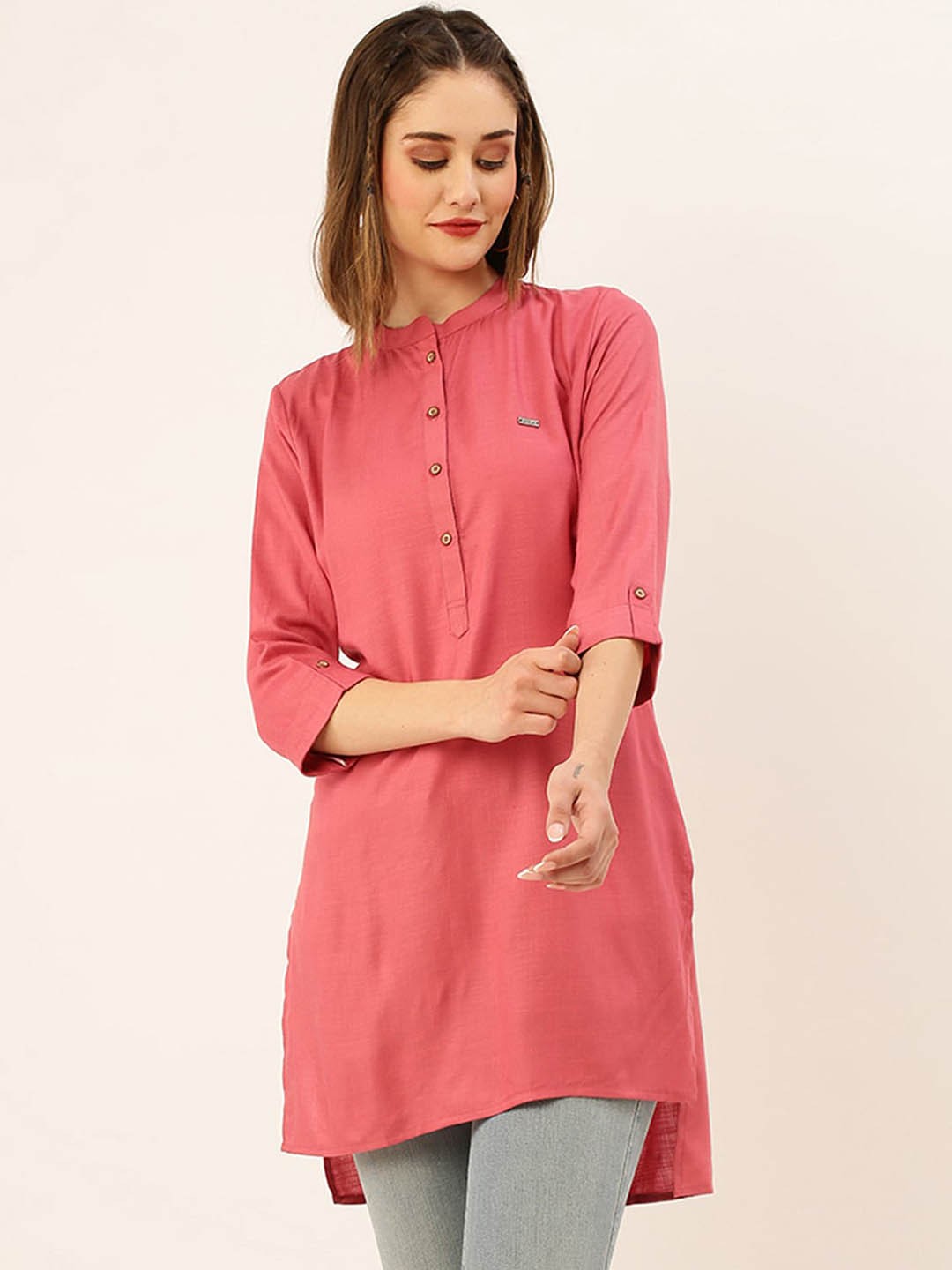 

ODETTE Mandarin Collar Straight Kurta, Pink