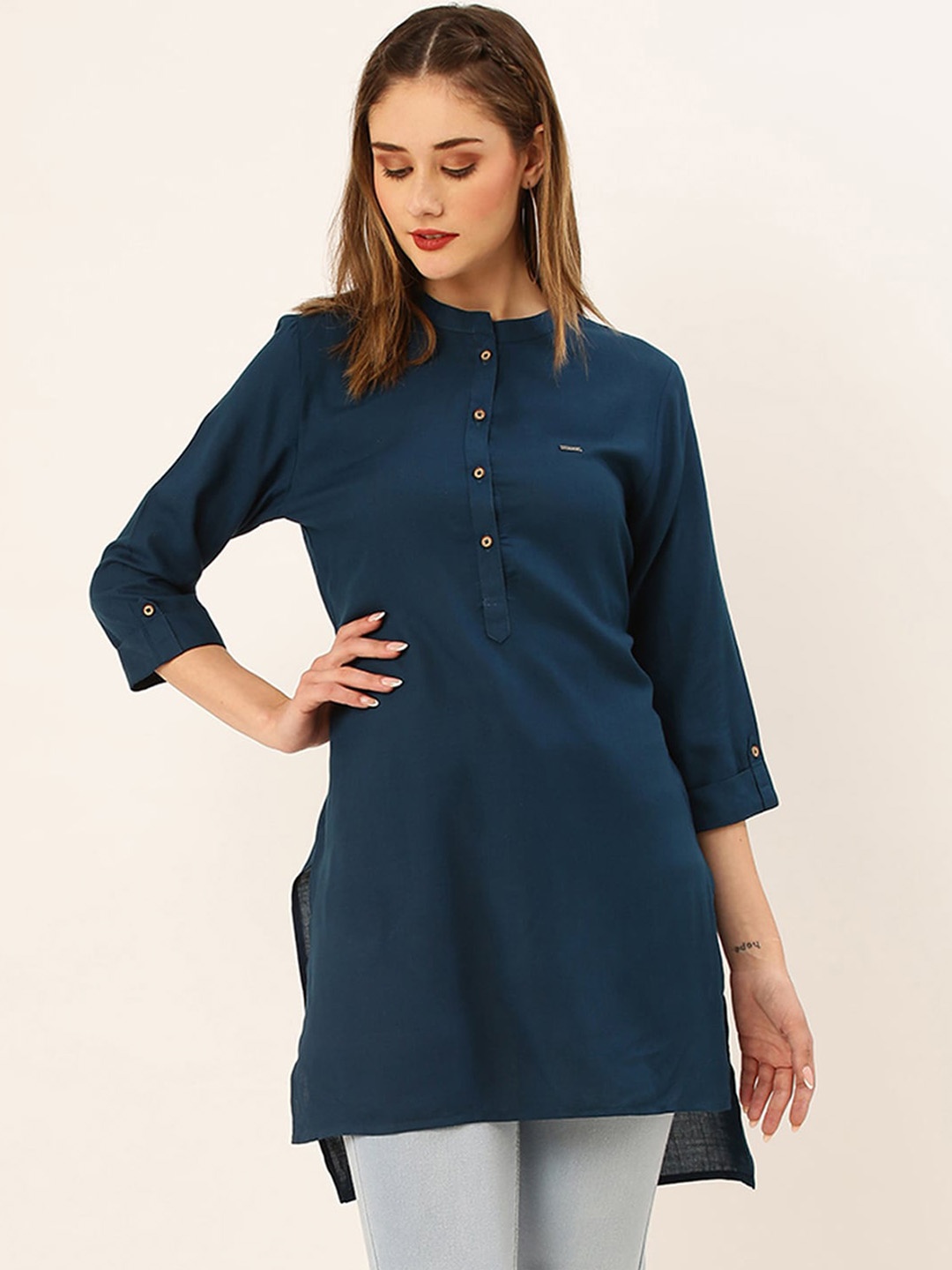 

ODETTE Mandarin Collar Regular Kurti, Teal