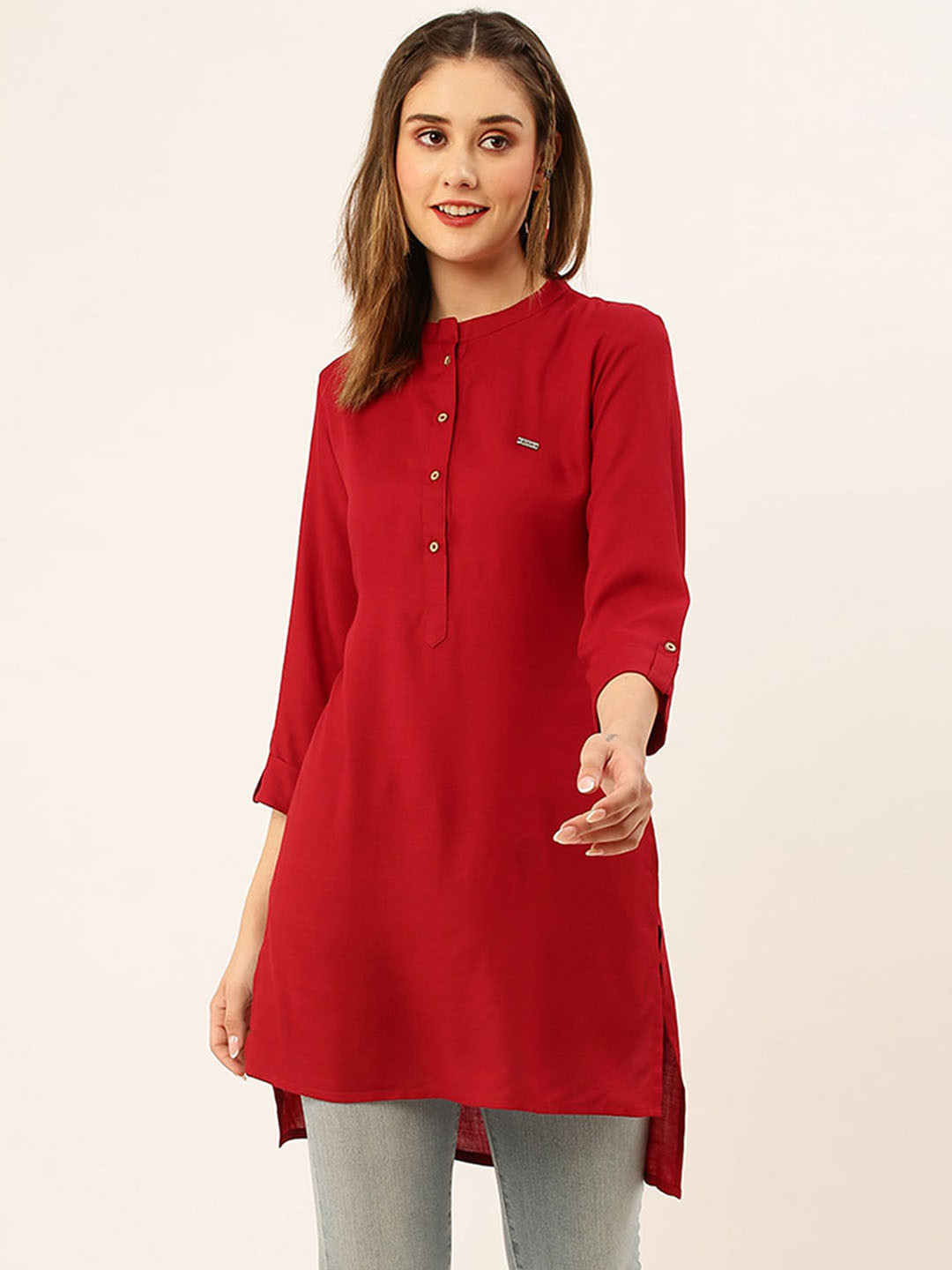 

ODETTE Mandarin Collar Pathani Kurta, Maroon