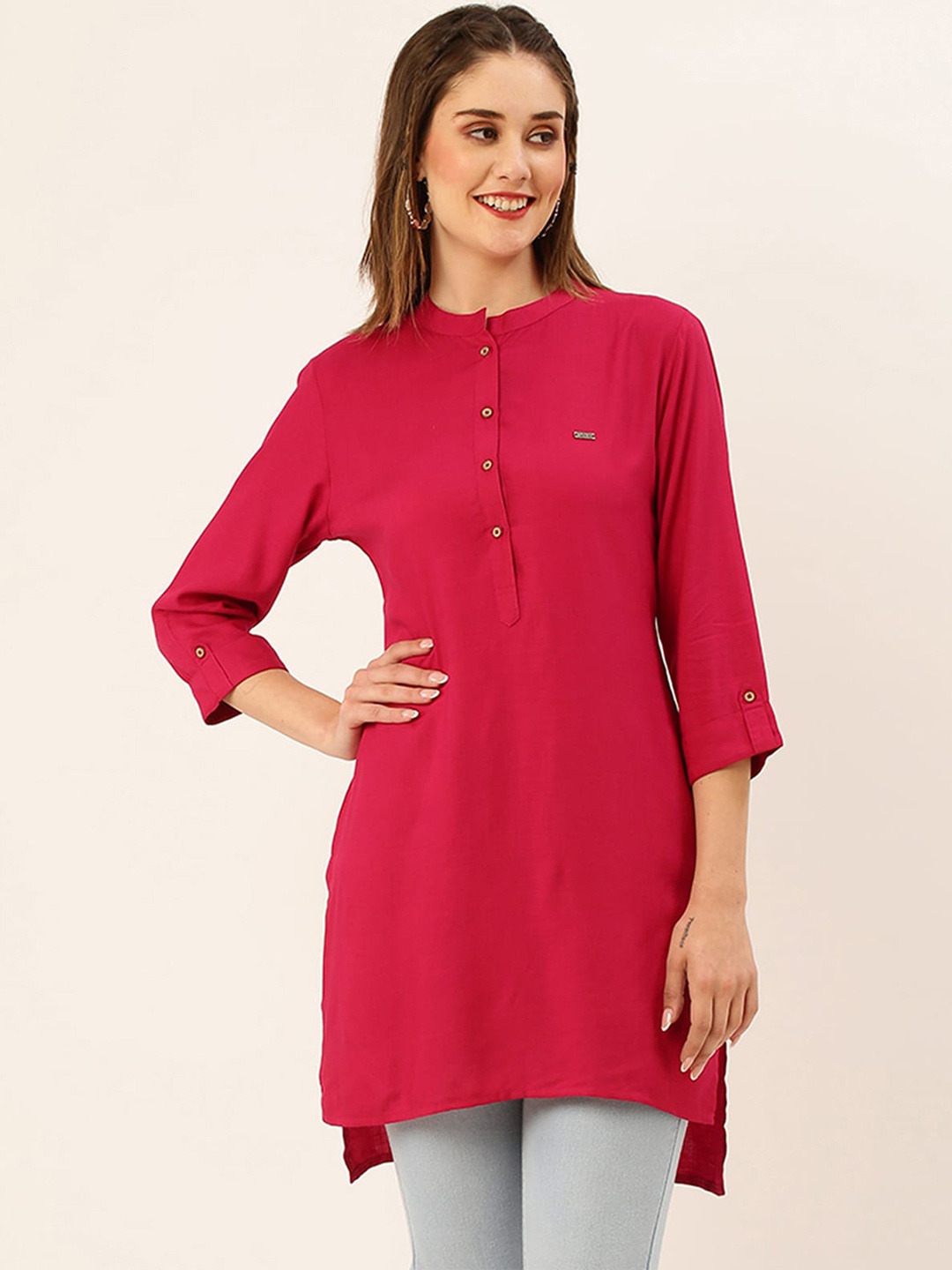 

ODETTE Mandarin Collar Pathani Kurta, Magenta