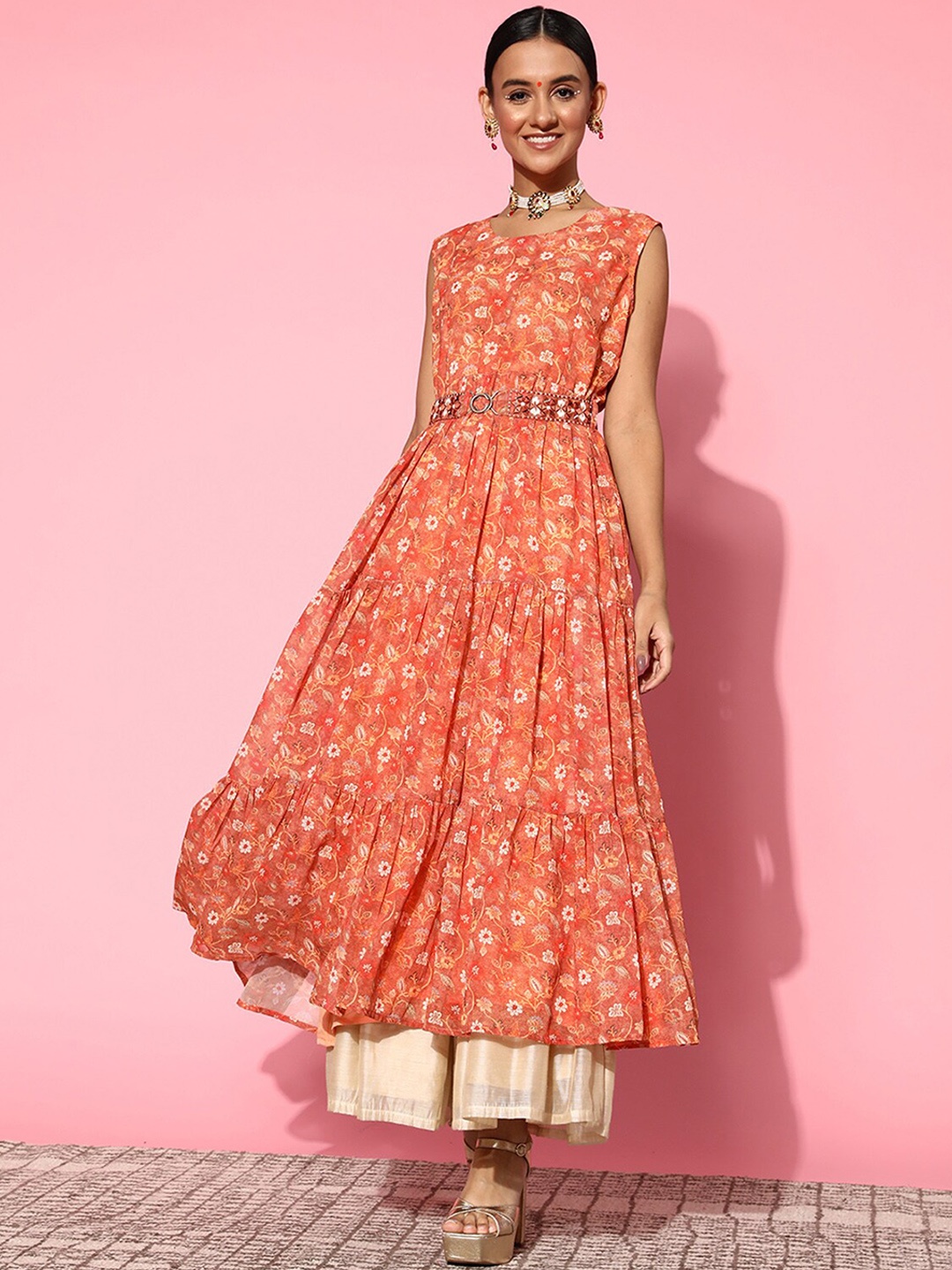 

ODETTE Floral Printed Sleeveless Georgette Anarkali Kurta, Orange