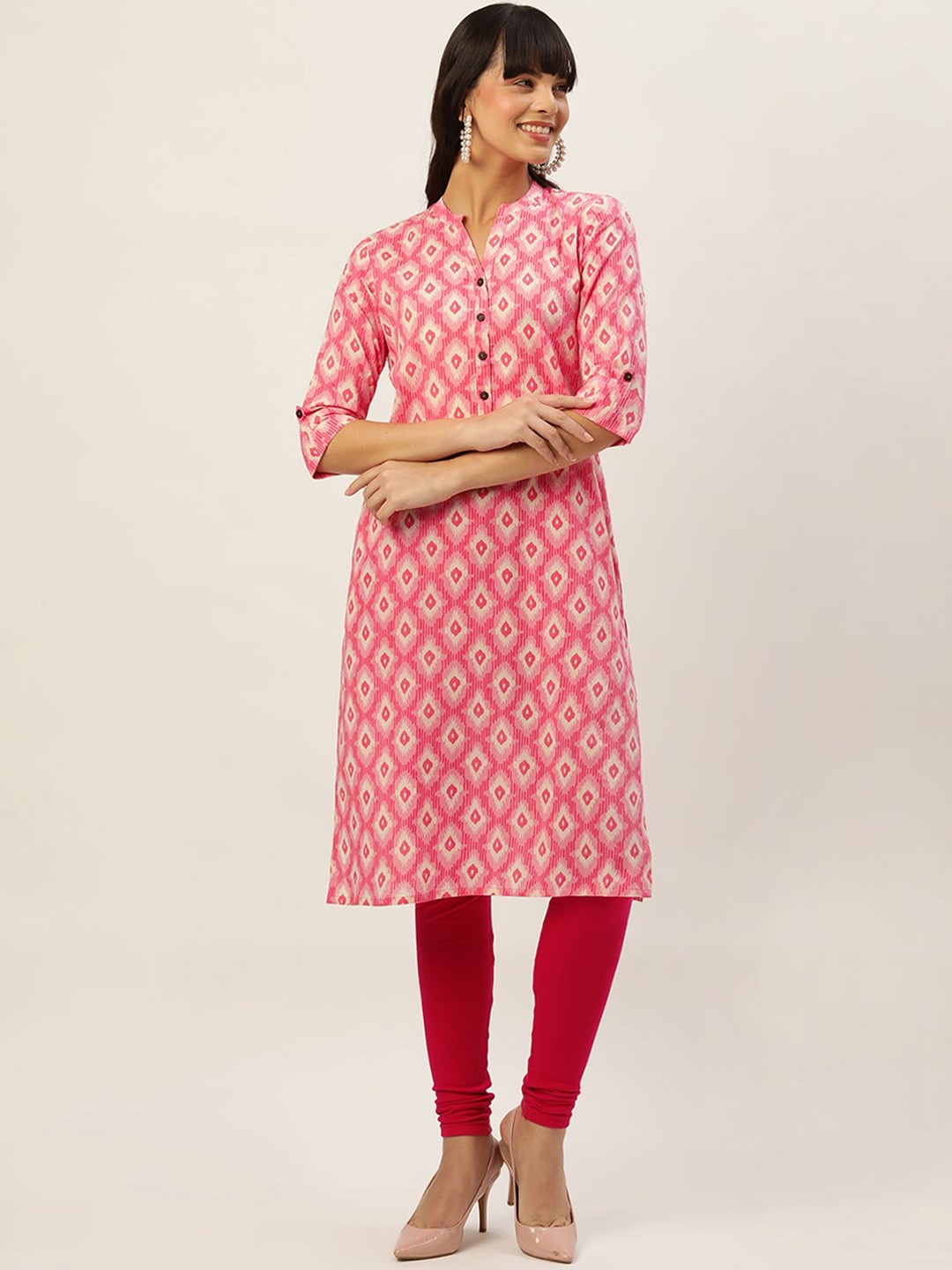 

ODETTE Ethnic Motifs Printed Cotton Kurta, Pink