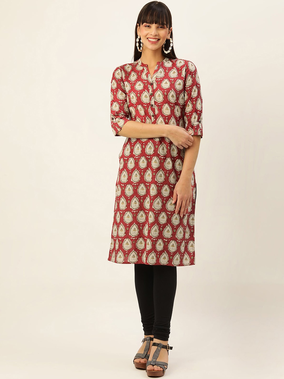 

ODETTE Ethnic Motifs Printed Mandarin Collar Cotton A-Line Kurta, Maroon