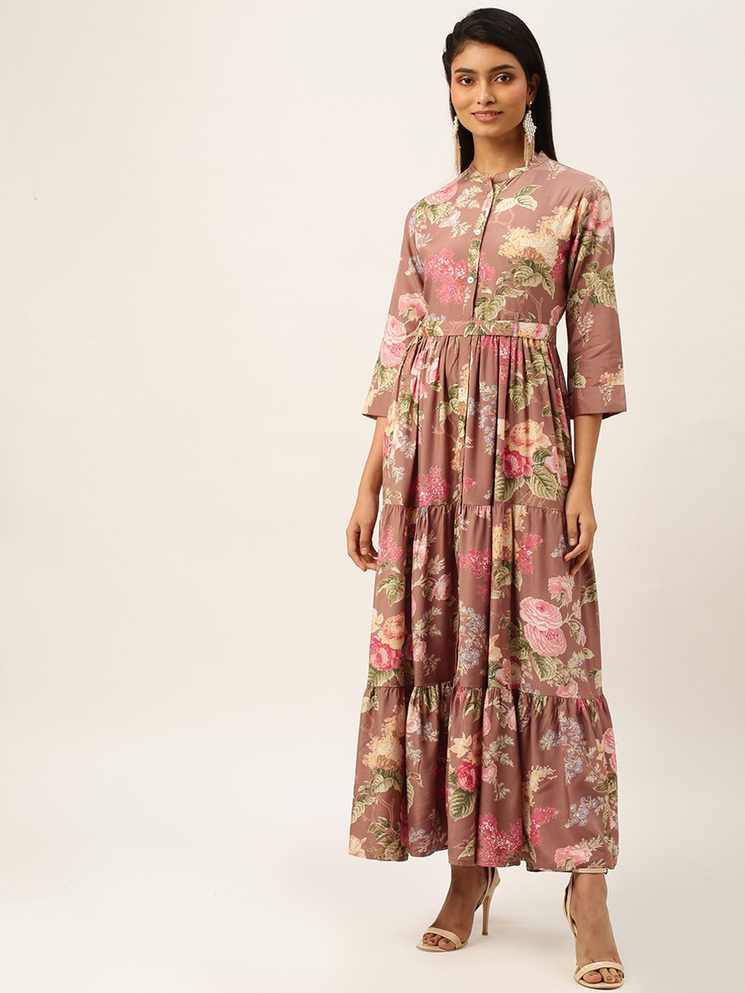 

ODETTE Floral Printed Fit & Flare Ethnic Dresses With Belt, Brown