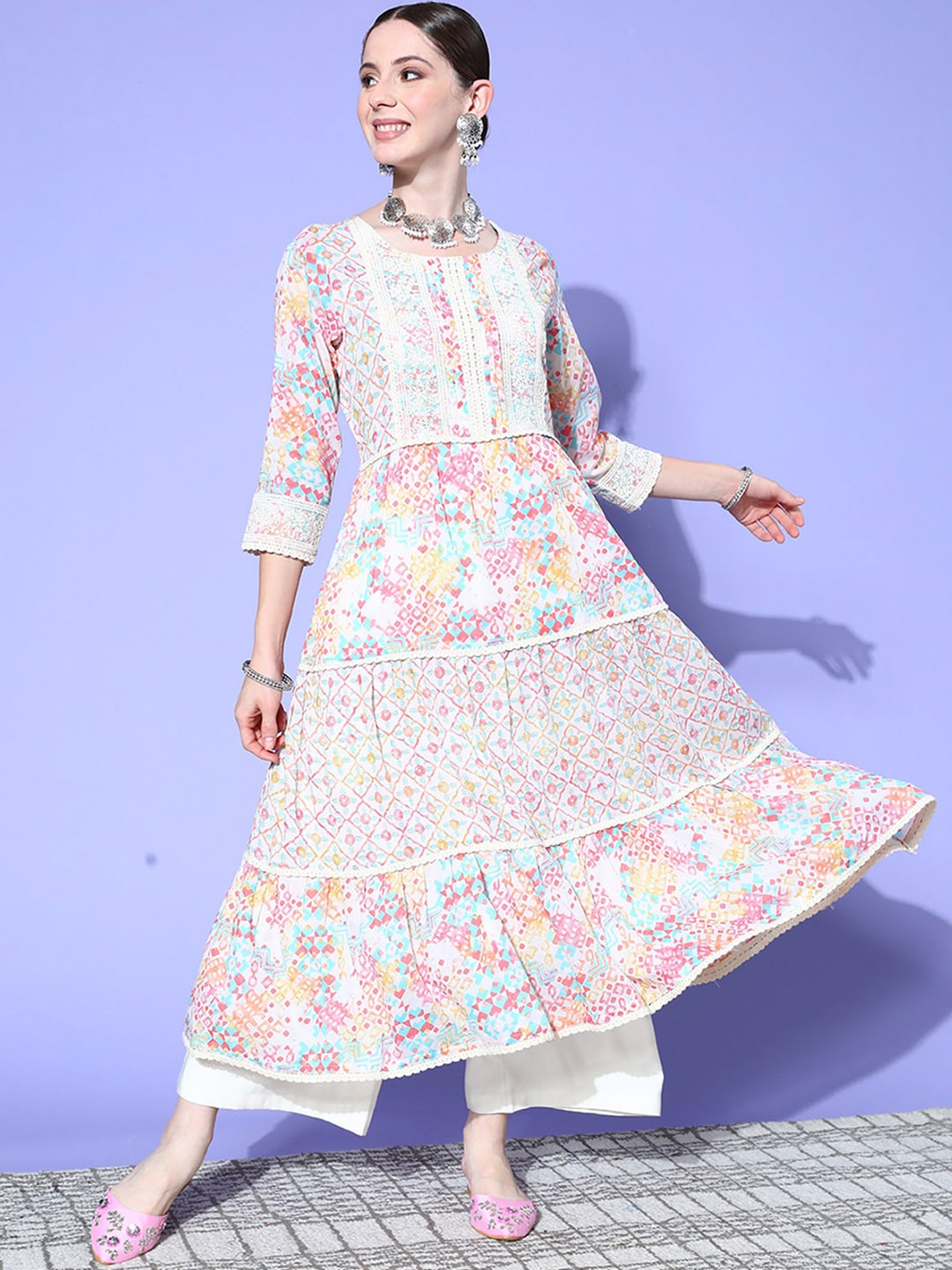 

ODETTE Floral Printed Anarkali Kurta, White