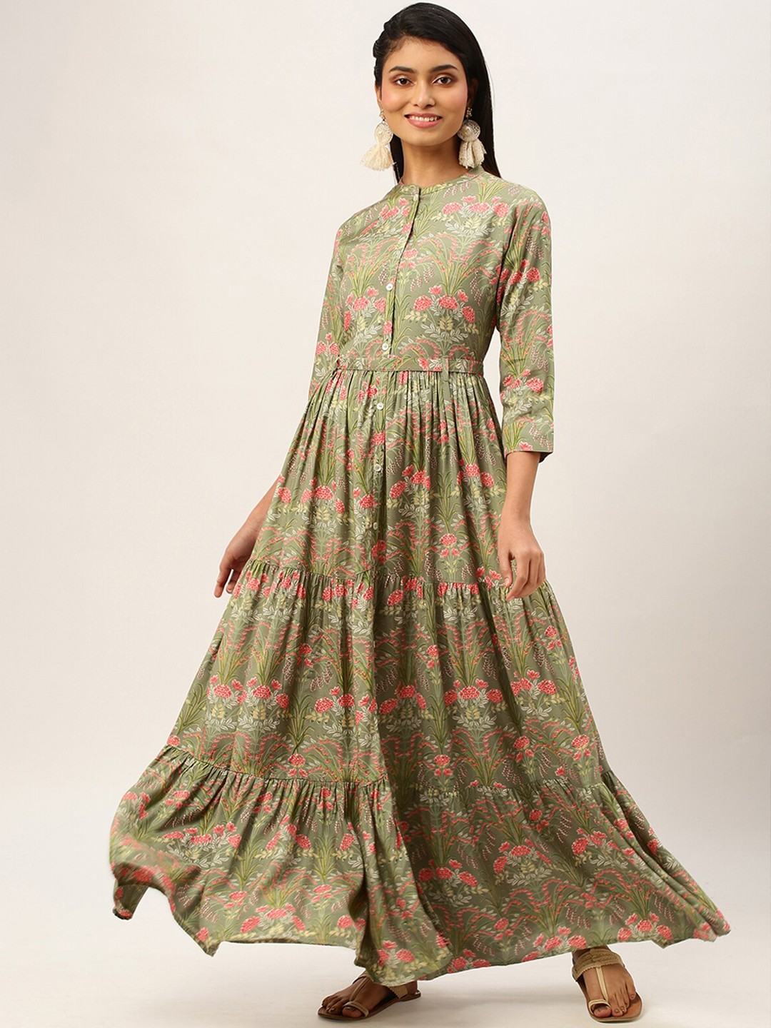 

ODETTE Floral Printed Tiered Anarkali Kurta, Green