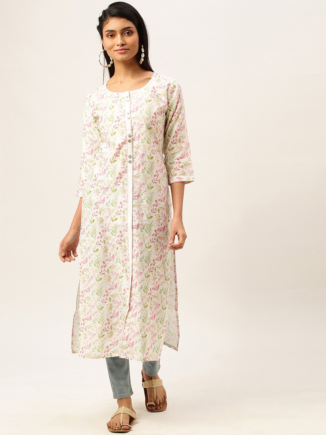 

ODETTE Floral Printed Regular Kurta, White