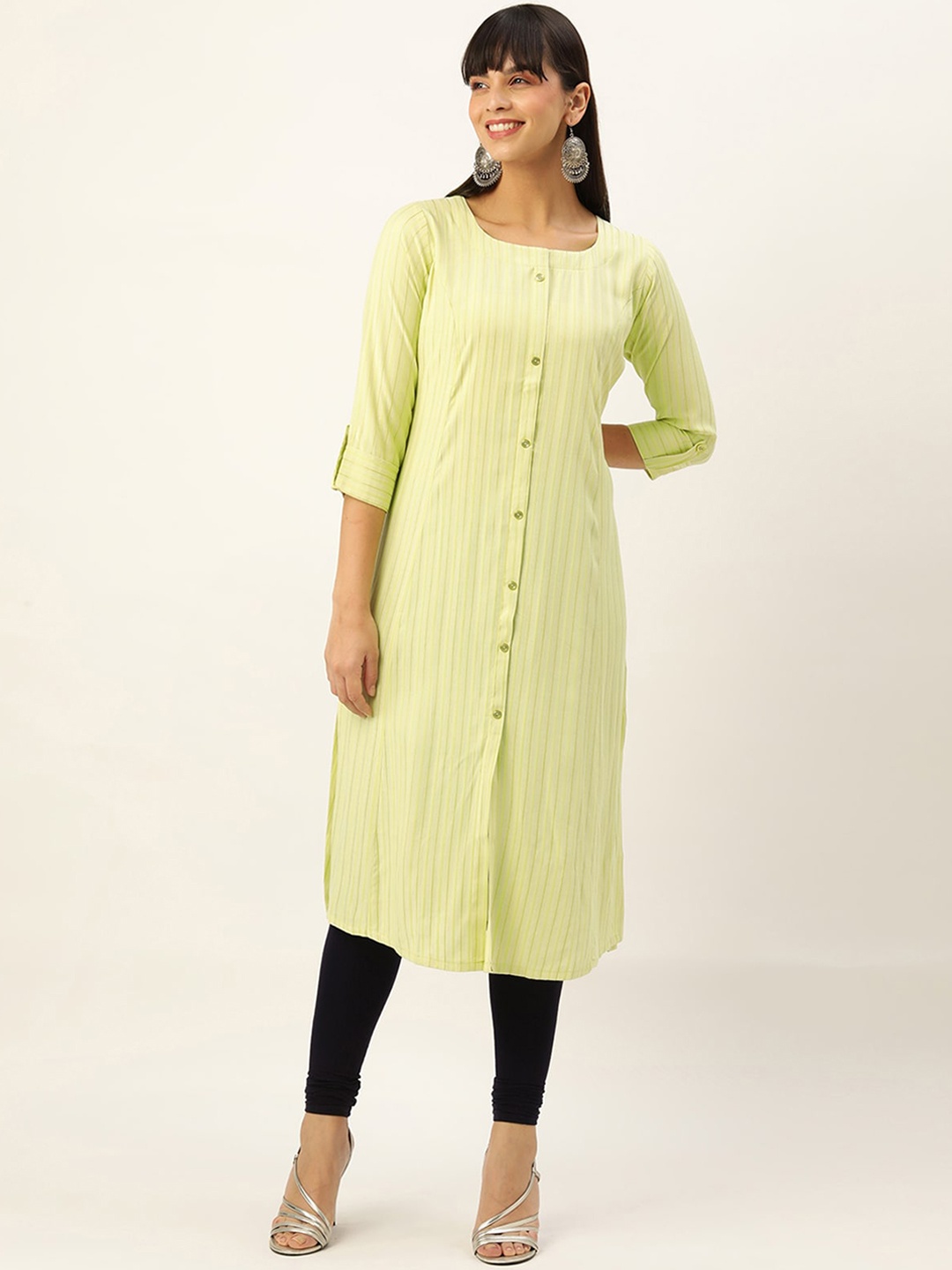 

ODETTE Striped Round Neck Kurta, Green