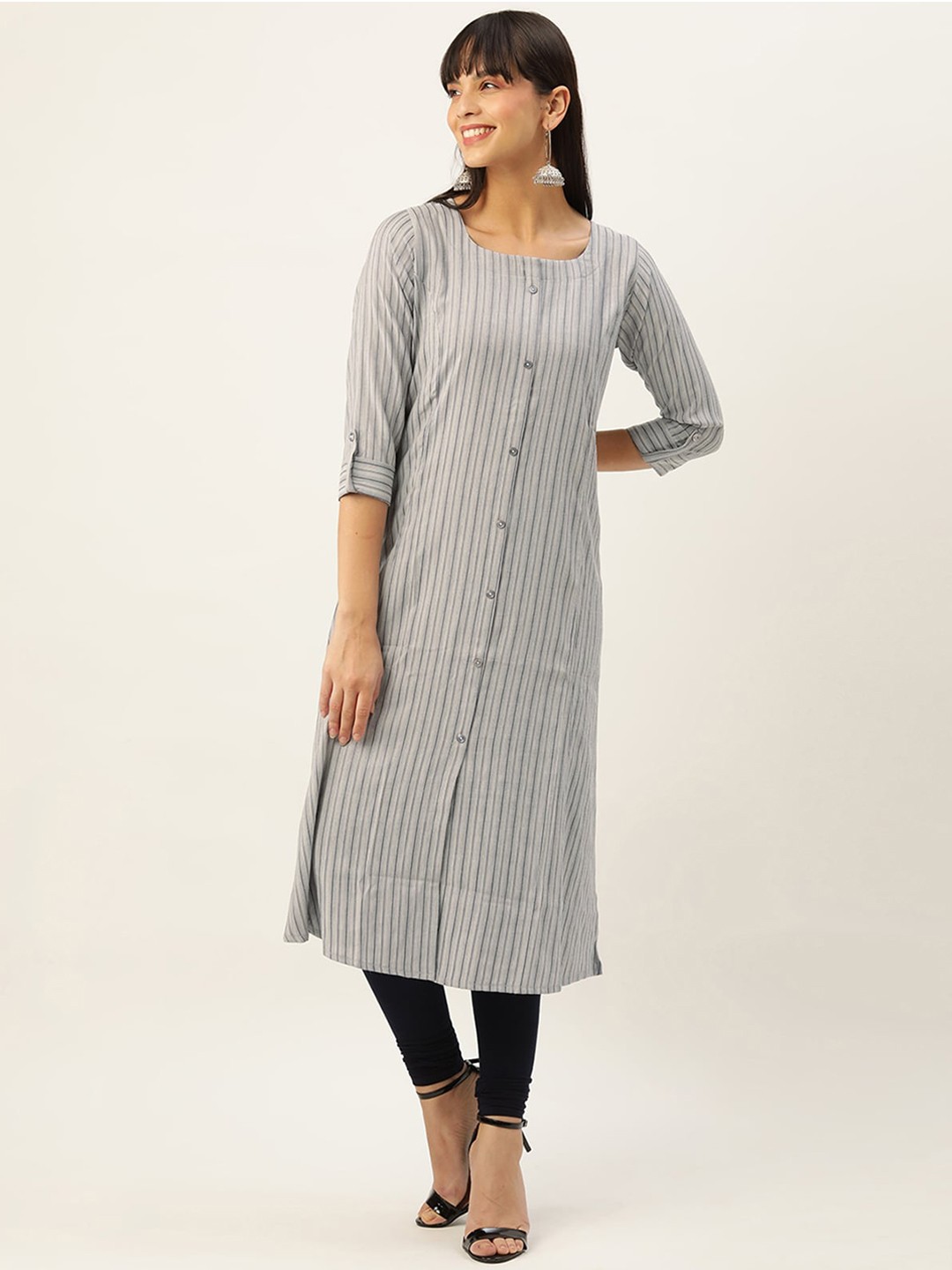 

ODETTE Women Grey Striped Flared Sleeves Thread Work Kurta