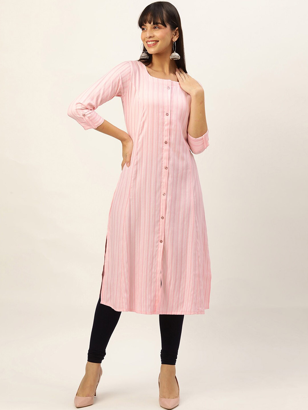 

ODETTE Striped Square Neck Shirt Style A-Line Kurta, Pink