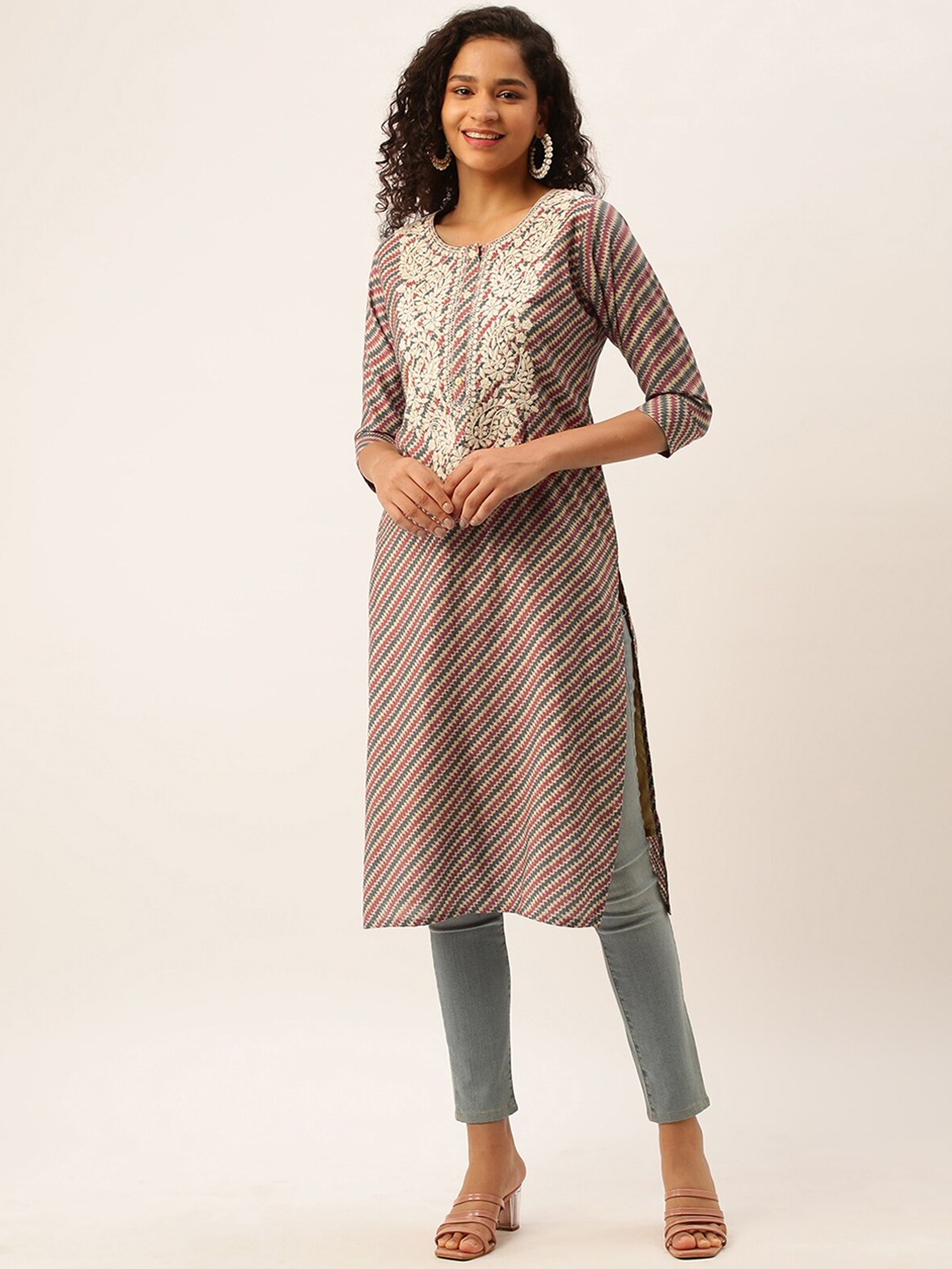 

ODETTE Striped Thread Work Straight Silk Kurta, Maroon