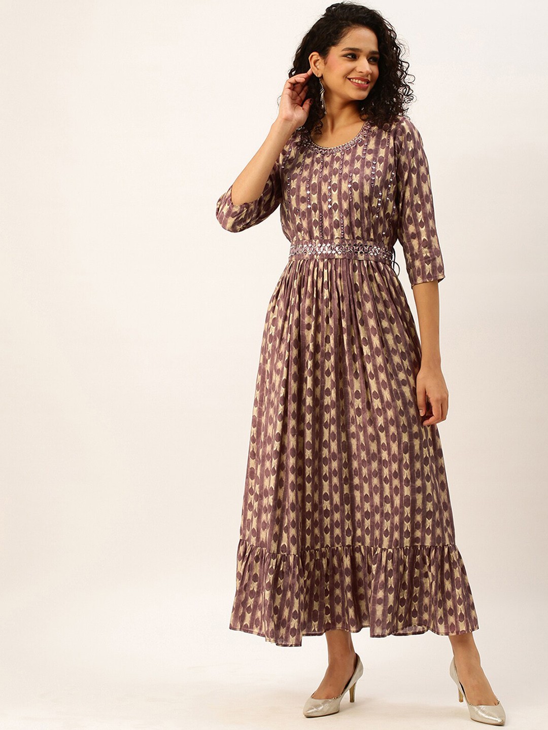 

ODETTE Ethnic Motifs Printed Keyhole Neck Anarkali Kurta, Purple