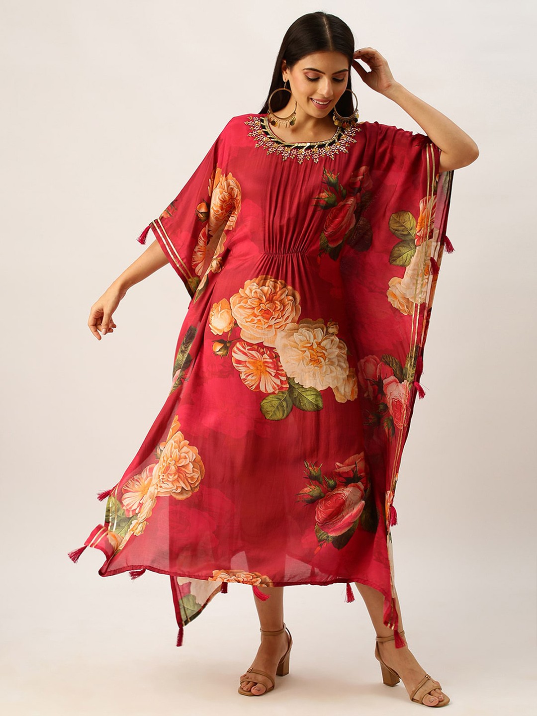 

ODETTE Floral Printed Kimono Sleeves Beads and Stones Silk Kaftan Kurta, Maroon