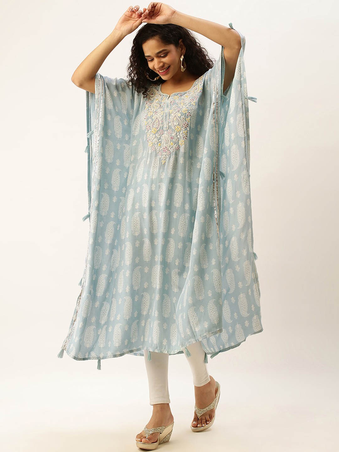 

ODETTE Ethnic Motifs Printed Thread Work Kaftan Kurta, Blue
