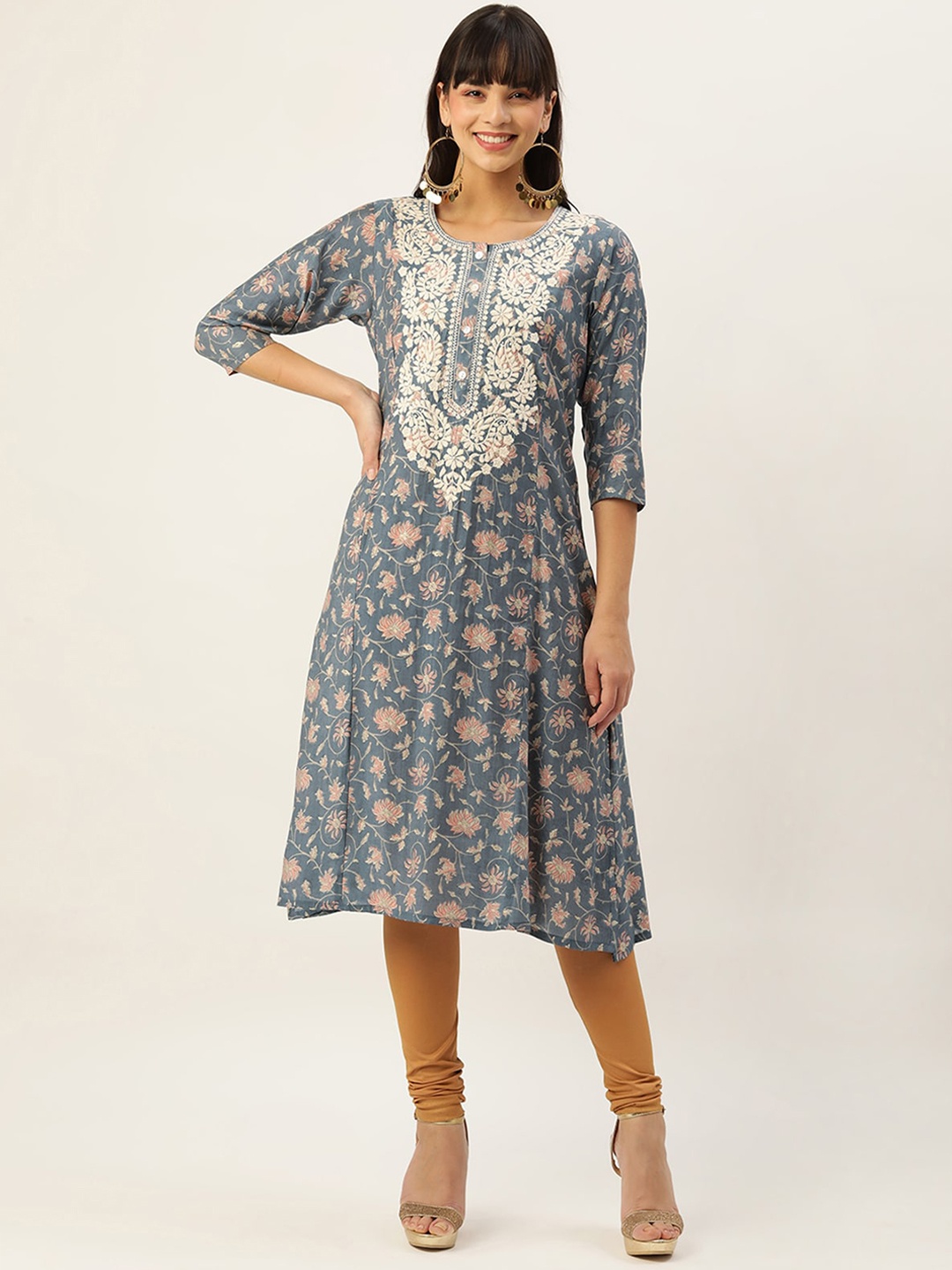 

ODETTE Floral Printed Thread Work Straight Kurta, Blue