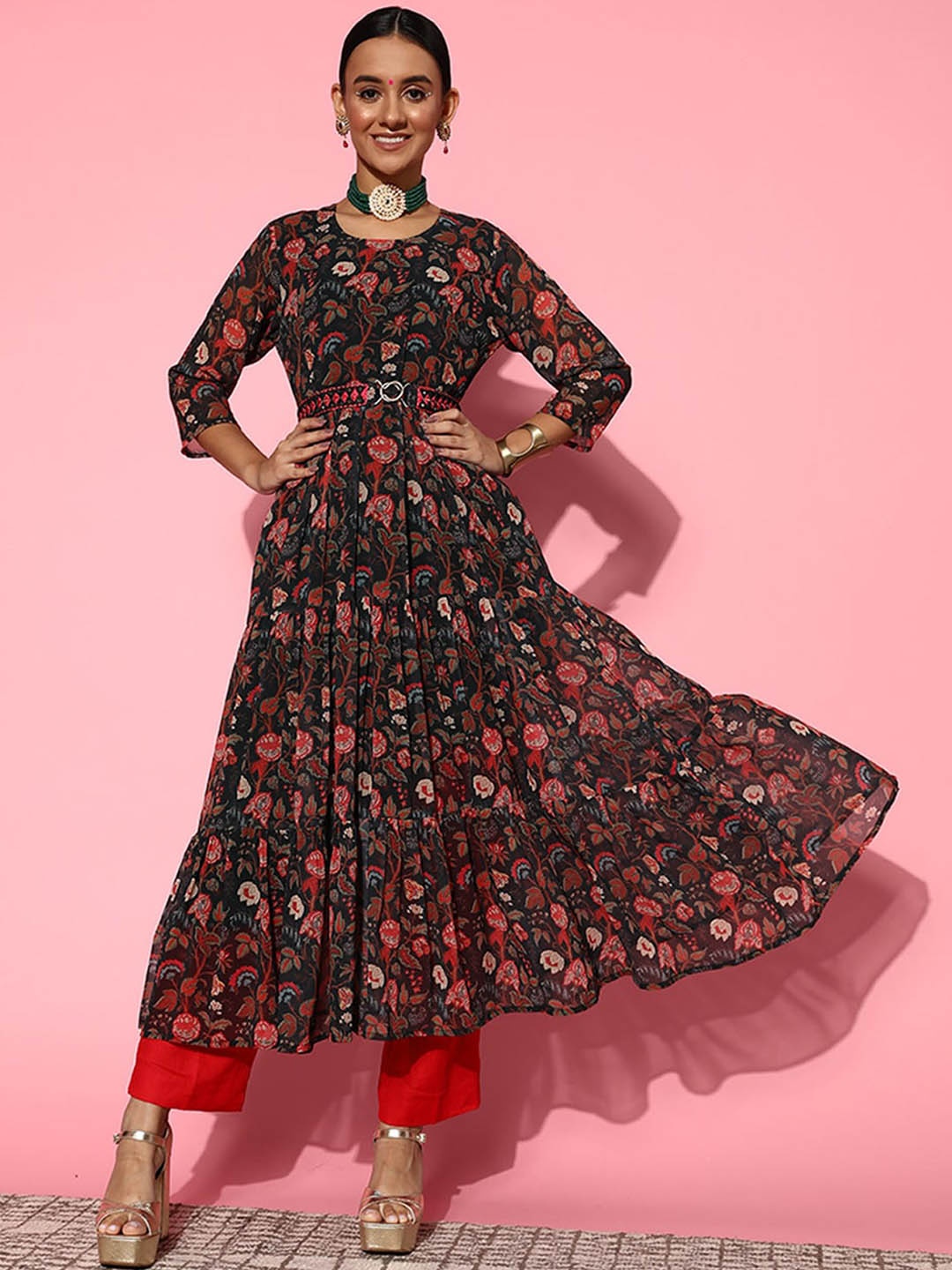 

ODETTE Floral Printed Thread Work Tiered Georgette Anarkali Kurta, Black