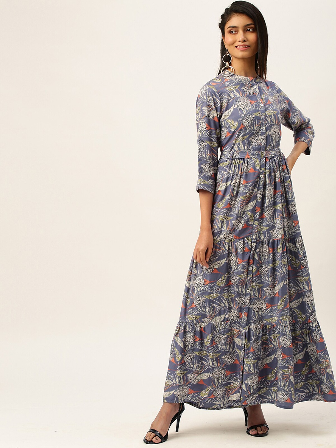 

ODETTE Floral Printed Fit & Flare Maxi Ethnic Dress, Grey