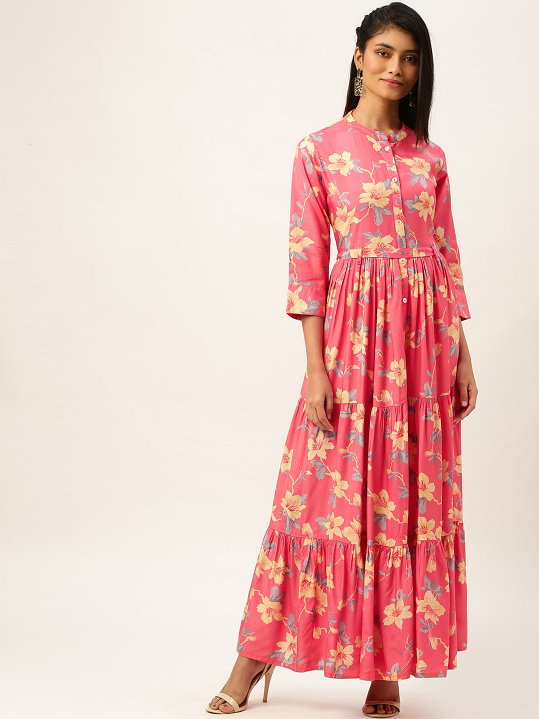 

ODETTE Floral Printed Sequinned Fit & Flare Ethnic Dresses With Belt, Pink