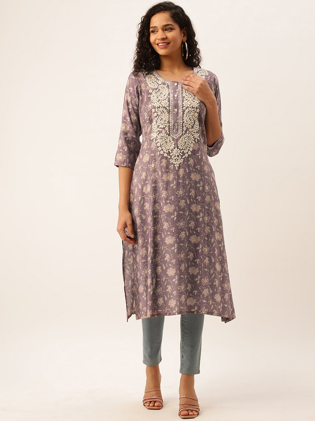 

ODETTE Floral Printed Thread Work Kurta, Purple