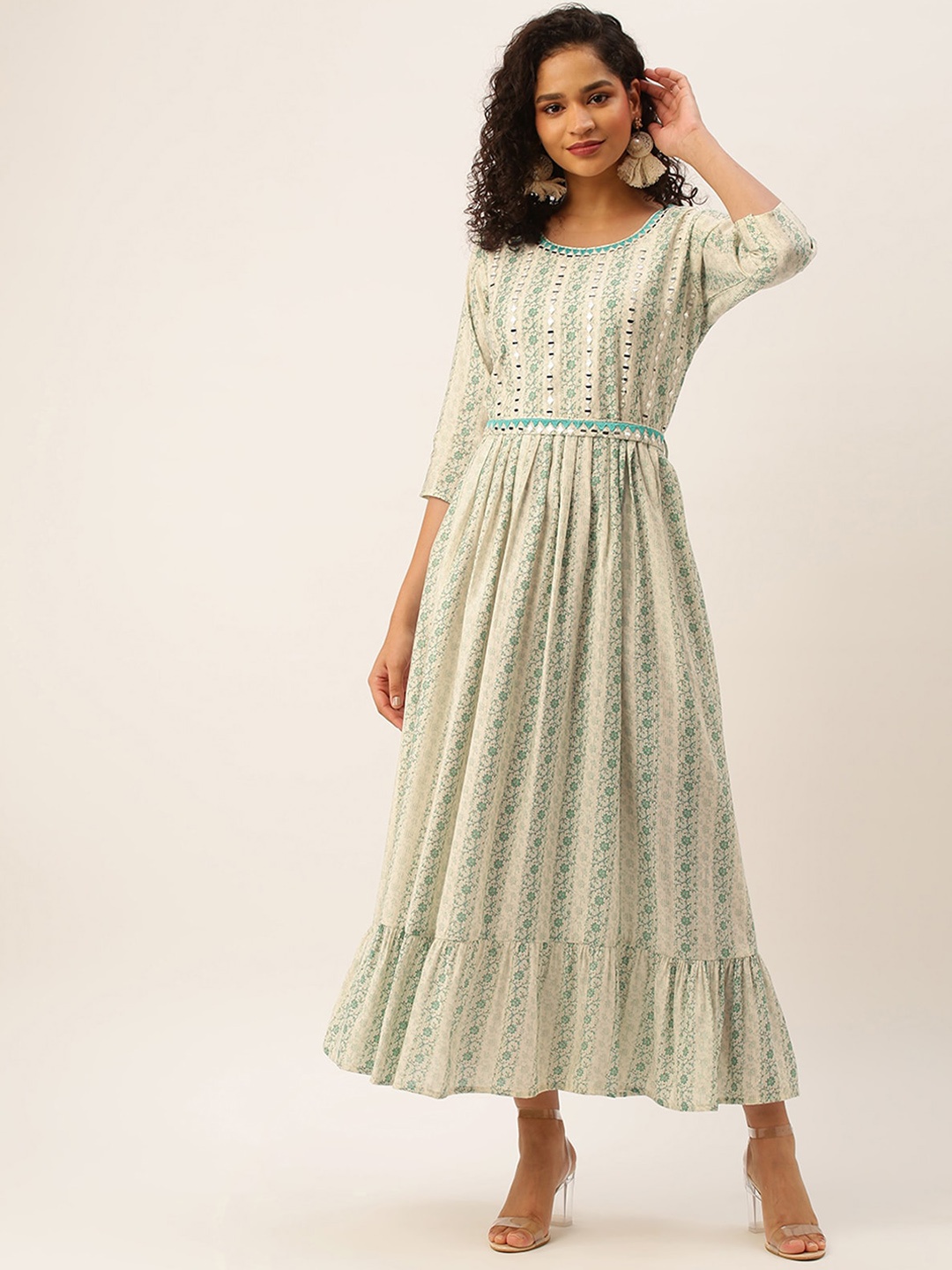 

ODETTE Floral Printed Fit & Flare Ethnic Dresses With Belt, Green