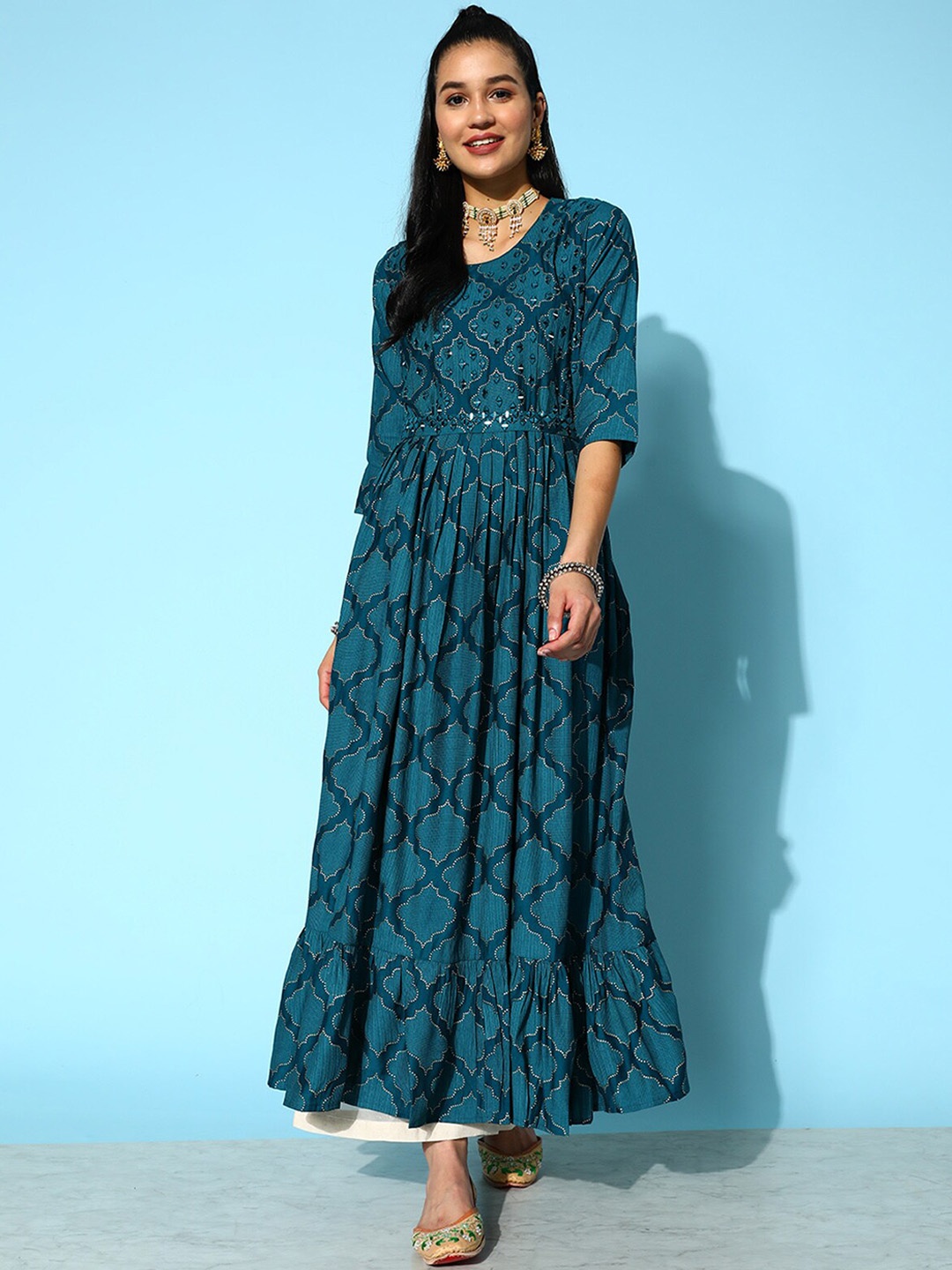 

ODETTE Ethnic Motifs Printed Fit & Flare Ethnic Dresses With Belt, Teal
