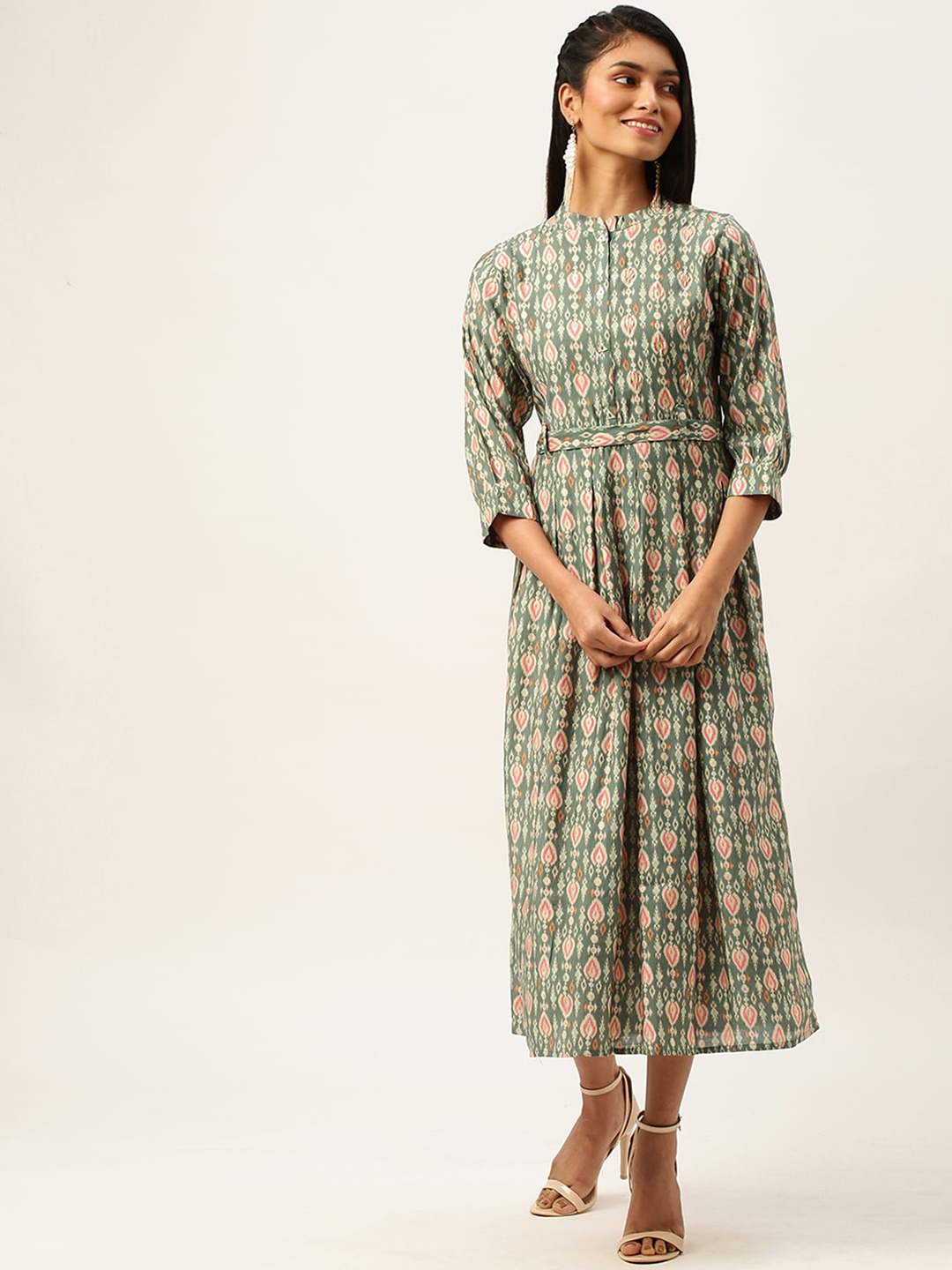 

ODETTE Ethnic Motifs Printed Silk Fit & Flare Midi Dress, Green