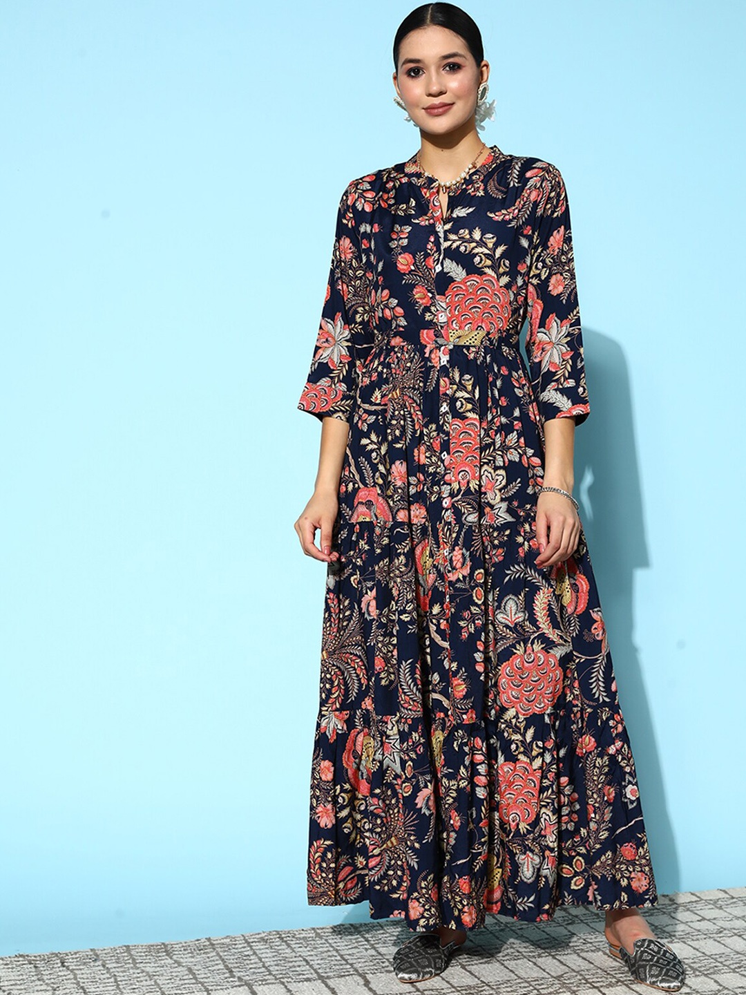 

ODETTE Floral Printed Mandarin Collar Silk Anarkali Kurta, Navy blue