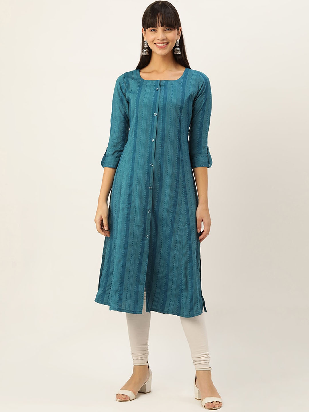 

ODETTE Striped A-Line Kurta, Blue