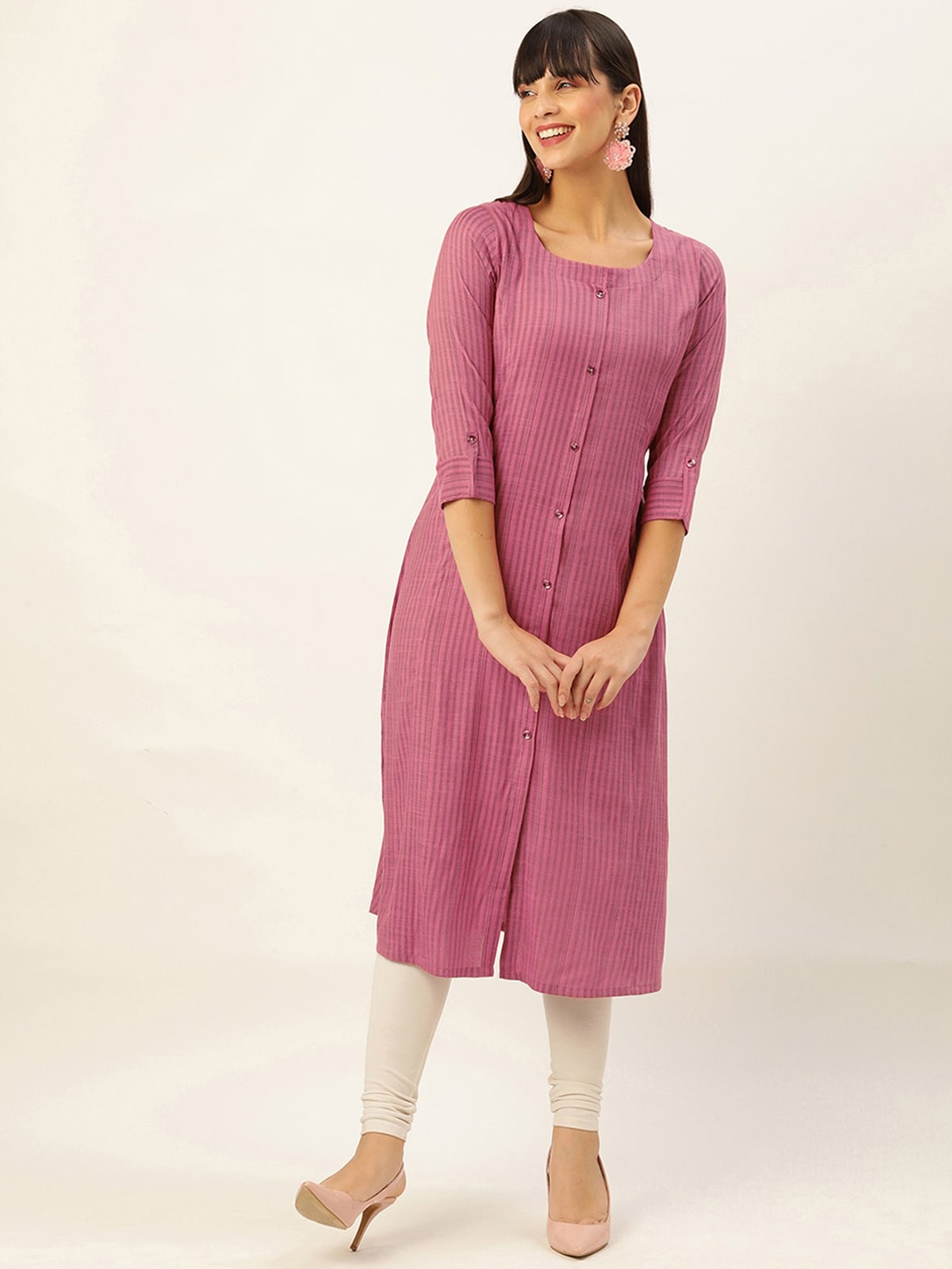 

ODETTE Vertical Striped Thread Work Kurta, Pink