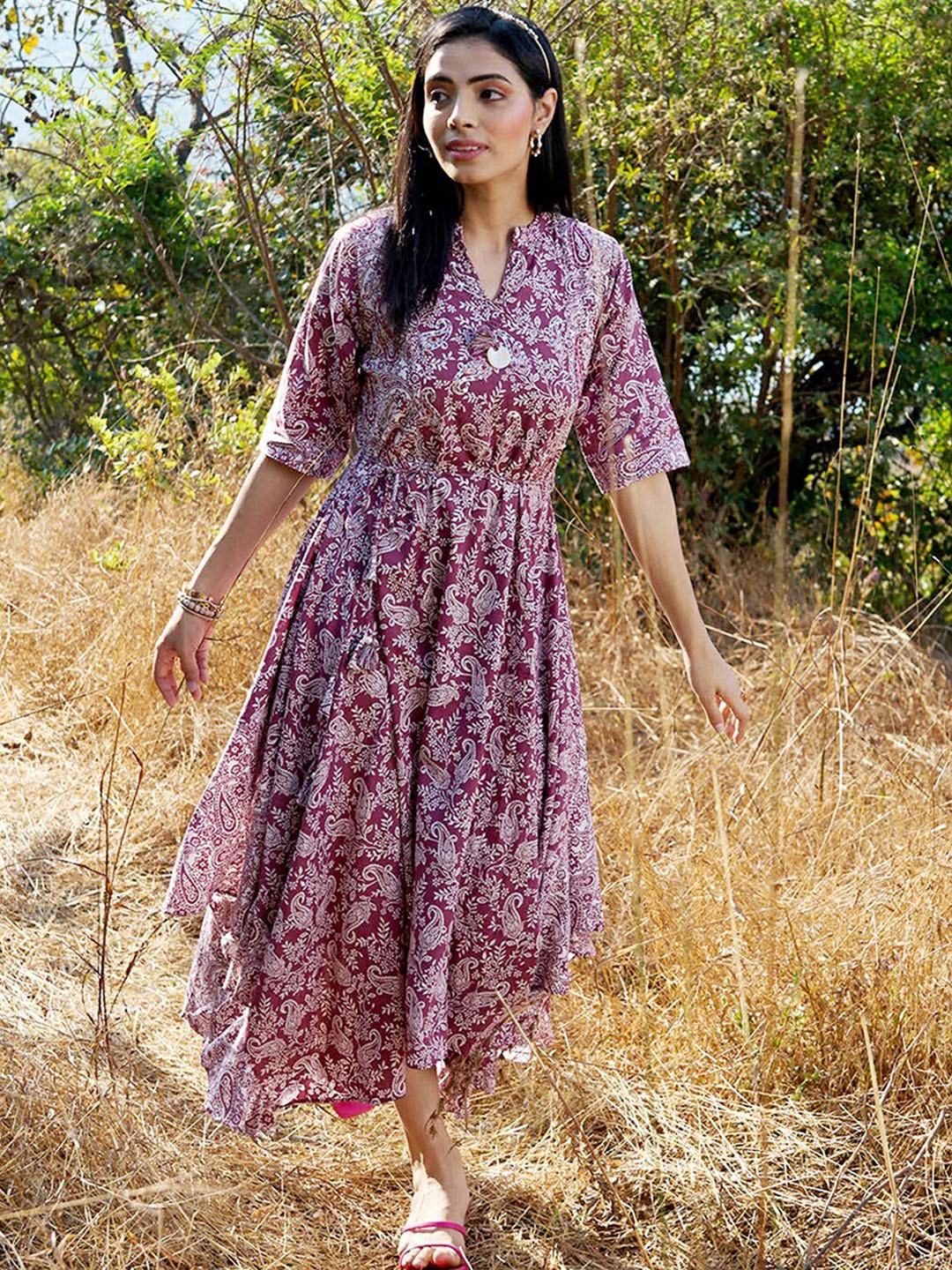 

ODETTE Paisley Printed Anarkali Kurta, Purple