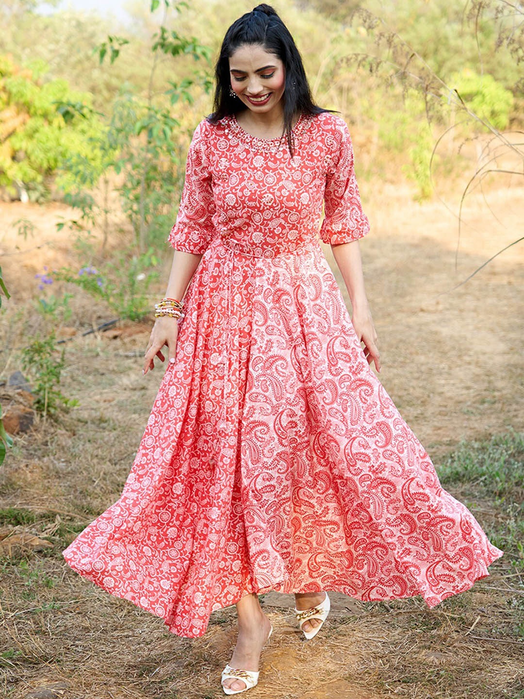 

ODETTE Paisley Printed Silk Fit & Flare Midi Dress, Pink