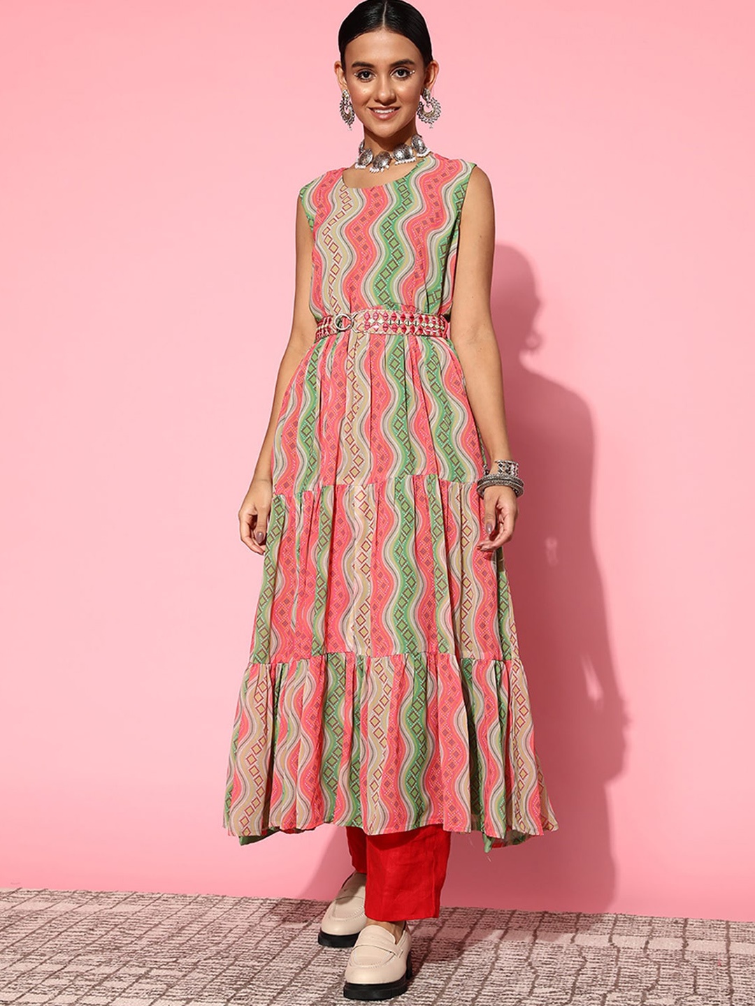 

ODETTE Bandhani Printed Sleeveless Anarkali Kurta, Green