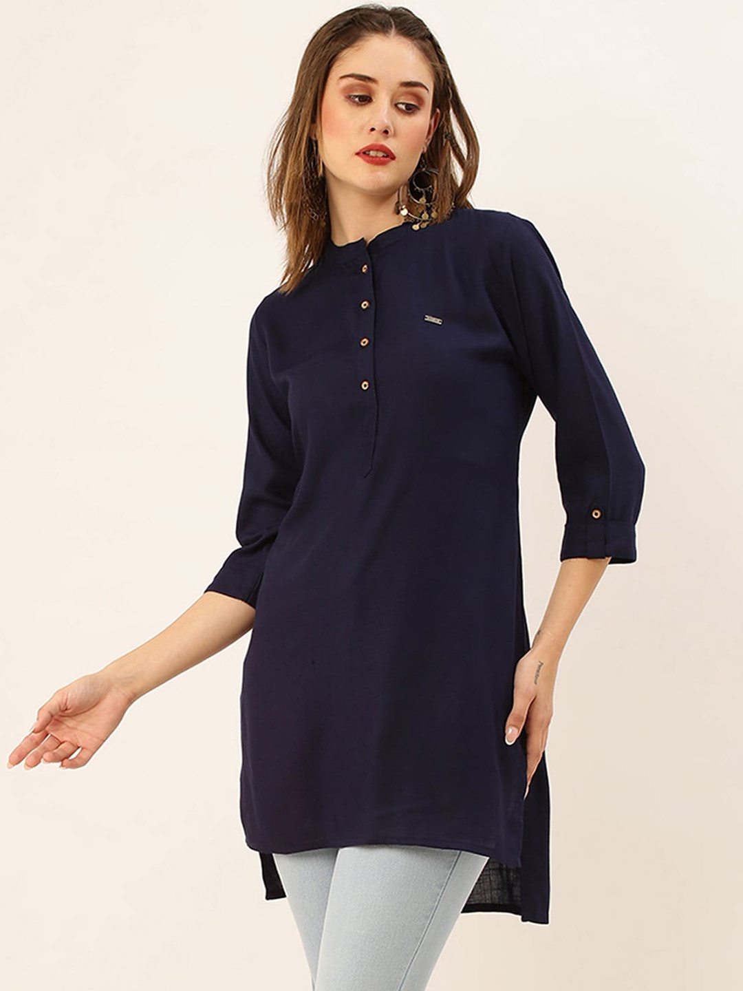 

ODETTE Band Collar High-Low Hem Straight Tunic, Navy blue