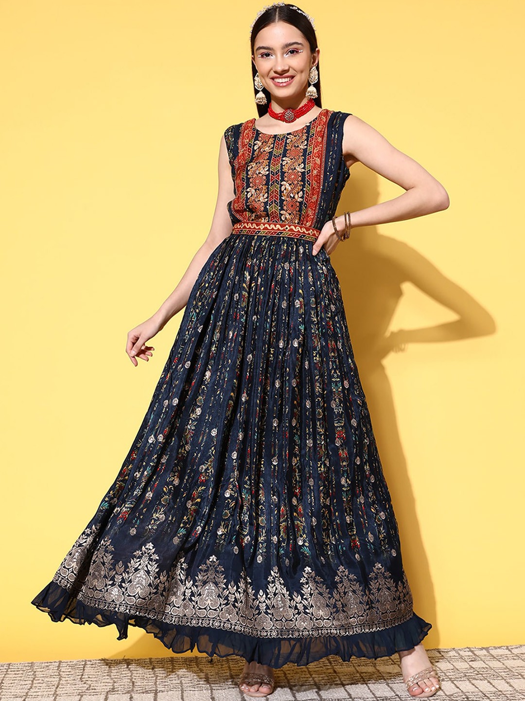 

ODETTE Floral Printed Yoke Design Mirror Work Chiffon Anarkali Kurta, Blue
