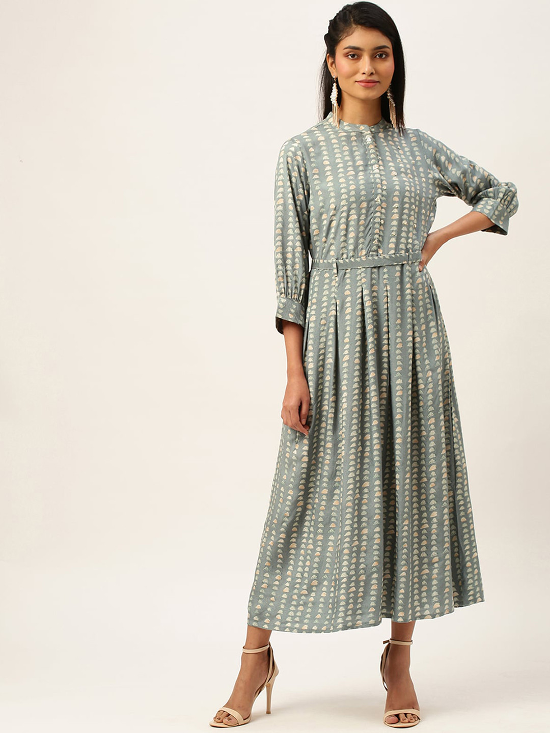 

ODETTE Geometric Printed Silk A-Line Ethnic Dress, Grey