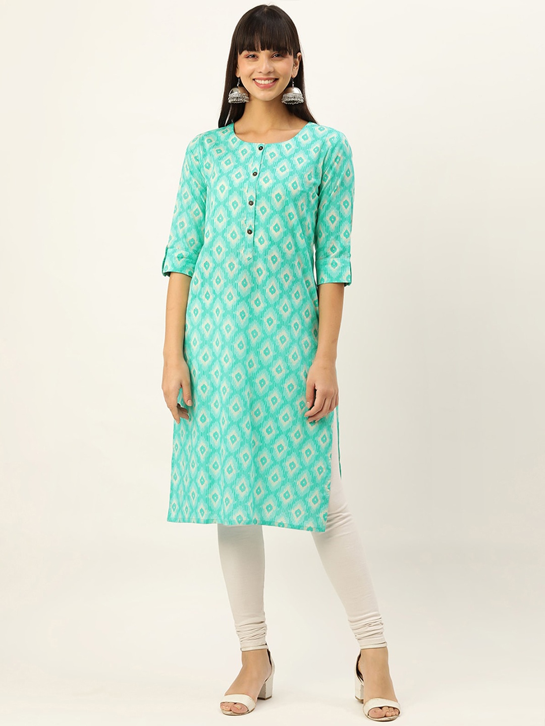 

ODETTE Ethnic Motifs Printed Roll-Up Sleeves Cotton A-Line Kurta, Blue