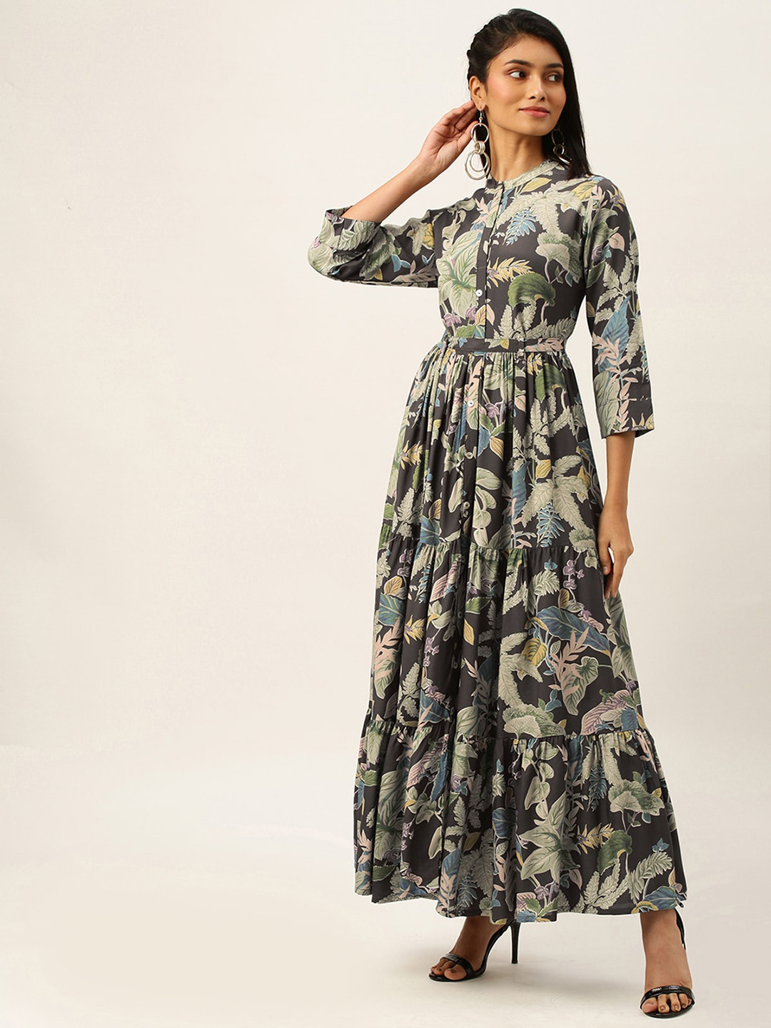 

ODETTE Floral Printed A-Line Ethnic Dress, Grey
