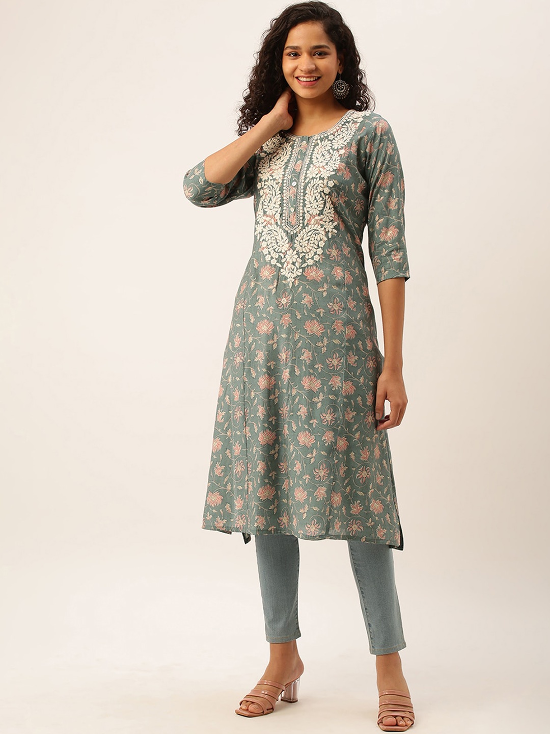 

ODETTE Floral Printed Thread Work A-Line Kurta, Grey