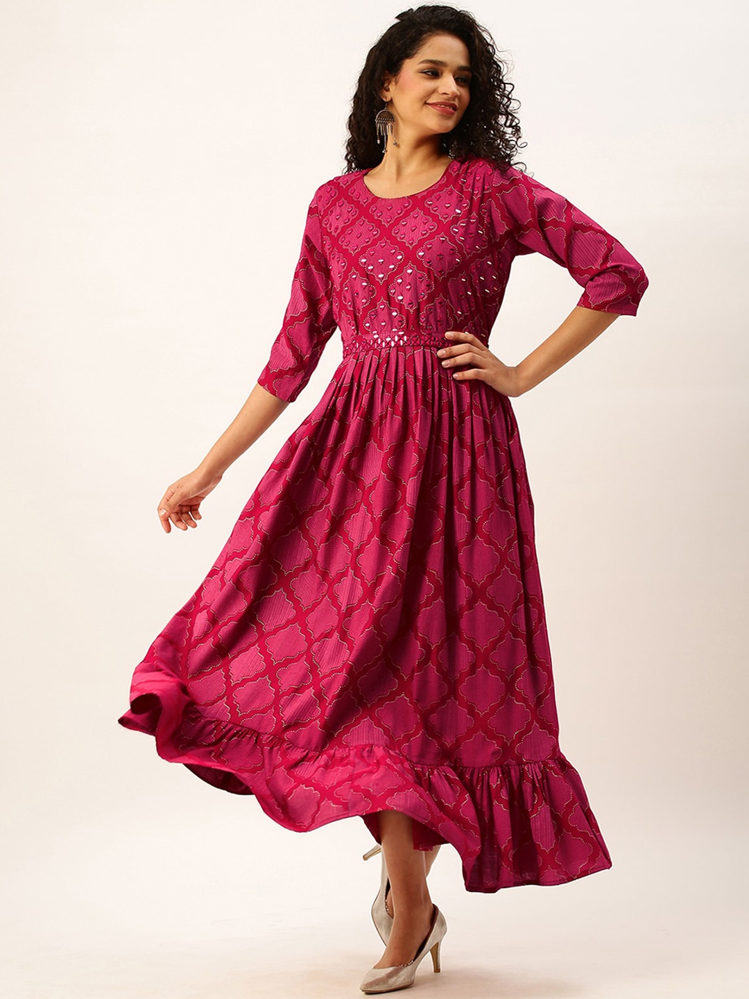 

ODETTE Ethnic Motifs Printed Mirror Work Fit & Flare Midi Ethnic Dress, Pink