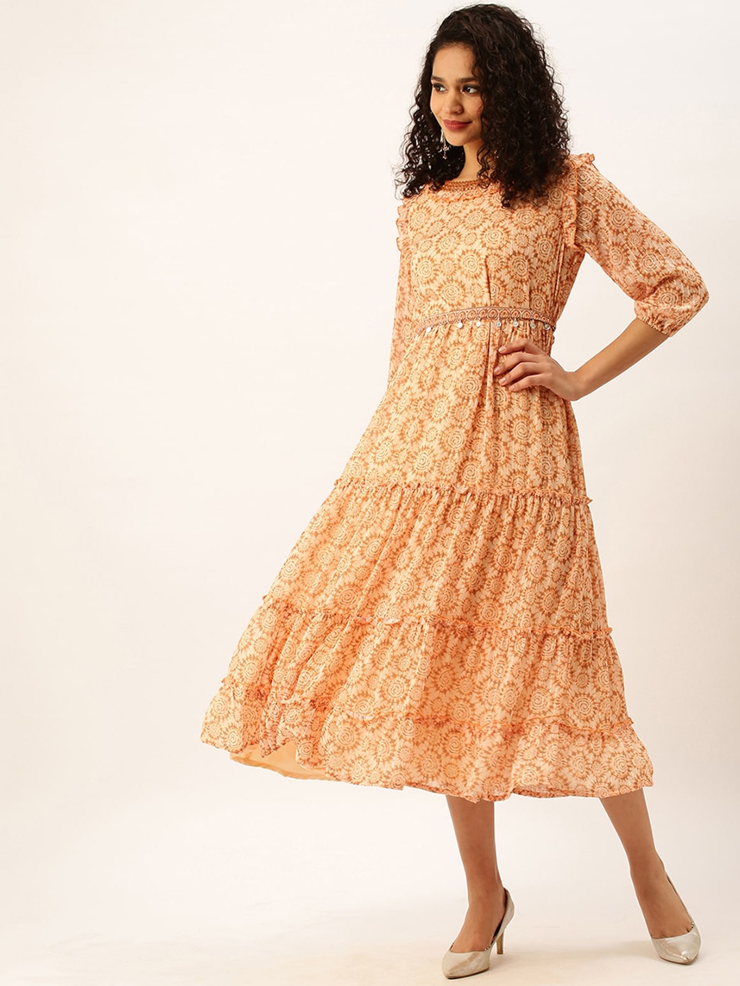 

ODETTE Ethnic Motifs Printed Georgette Anarkali Kurta, Peach