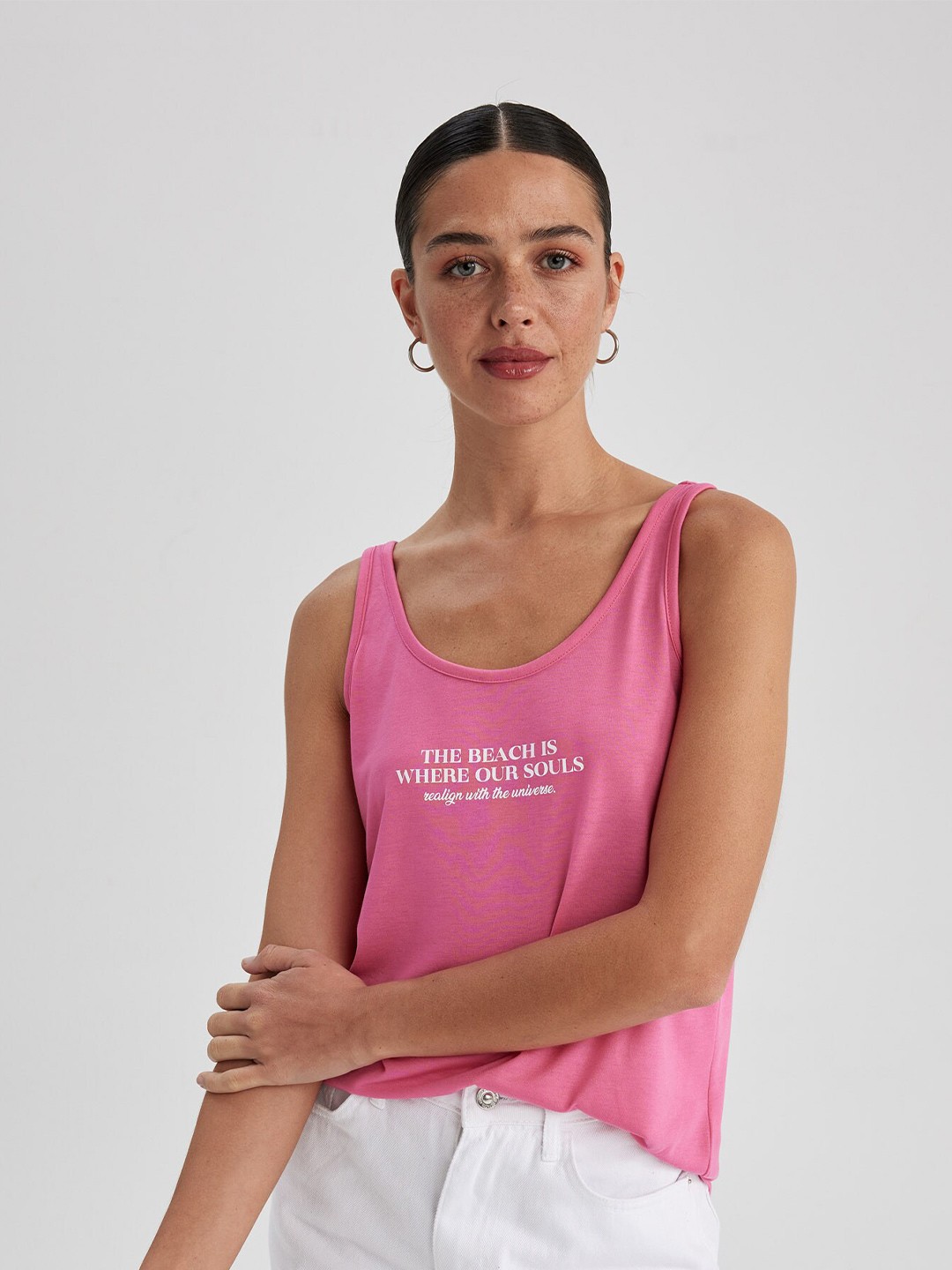 

DeFacto Typography Printed Scoop Neck Top, Pink