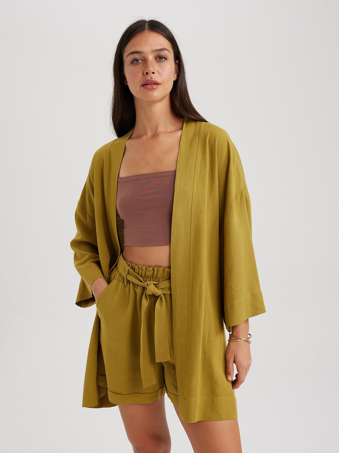 

DeFacto Flared Sleeves Longline Open Front Shrug, Khaki
