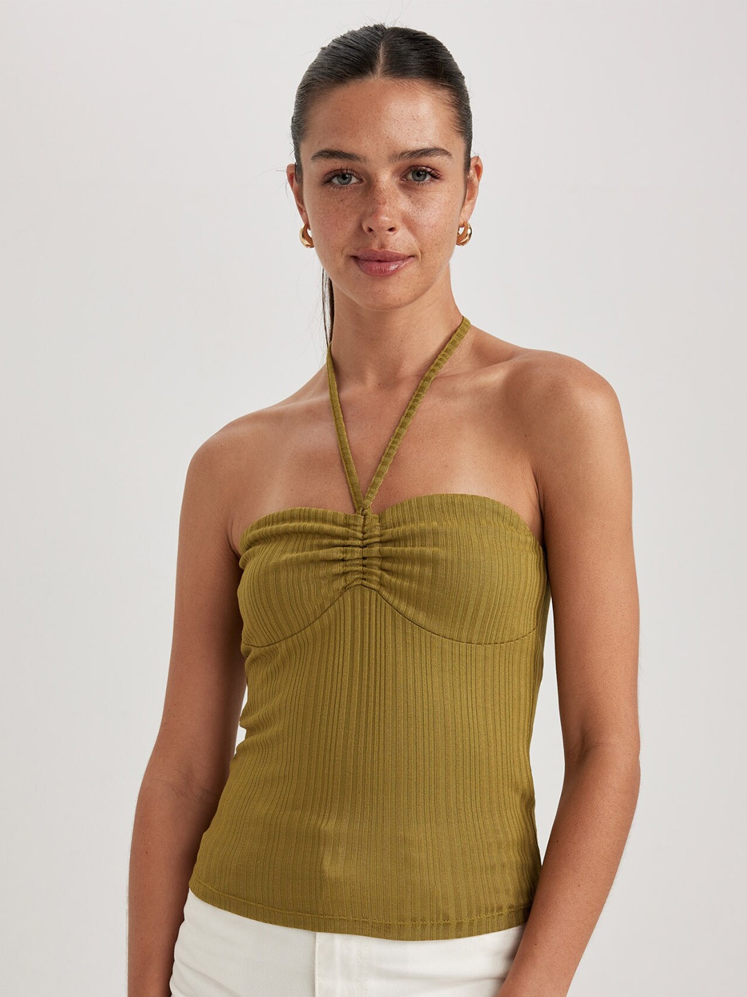 

DeFacto Halter Neck Ruched Fitted Top, Olive