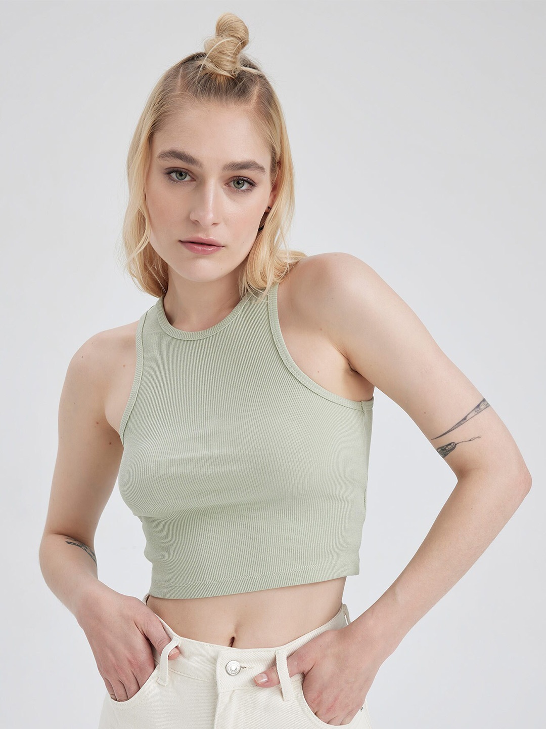 

DeFacto Halter Neck Cotton Crop Top, Green