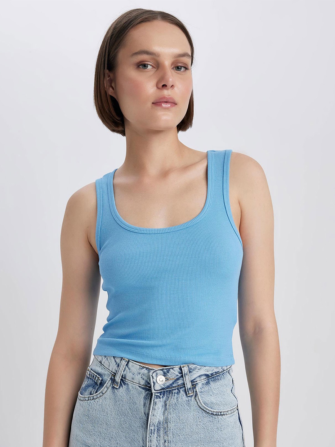 

DeFacto Scoop Neck Cotton Tank Top, Blue